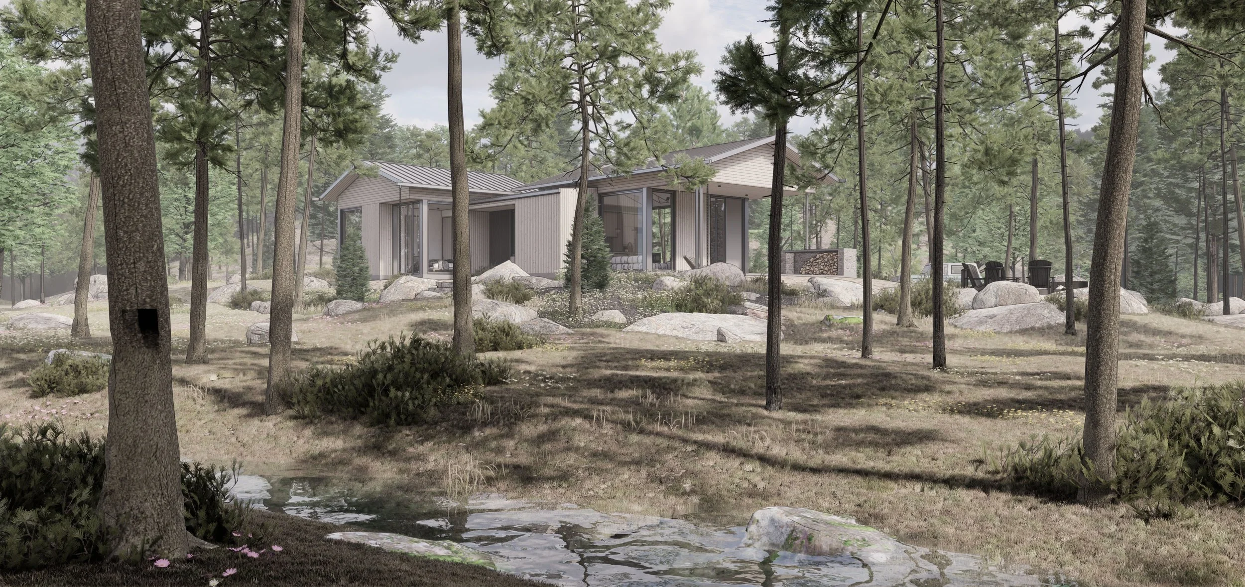 Small 2 Bedroom Modern Cottage clad in white cedar and granite with sloped standing seam metal roof