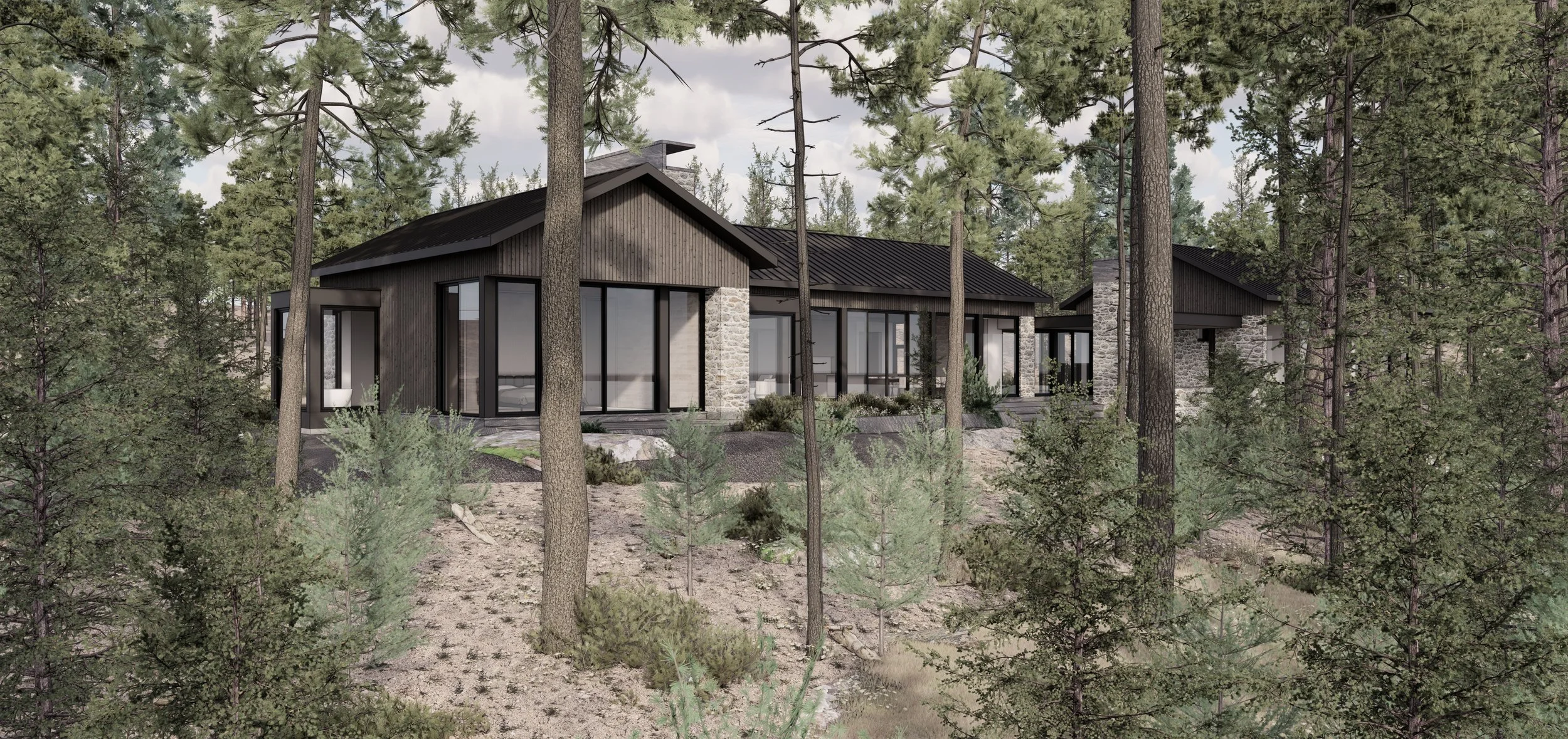 Lake Joe estate exterior rendering showing sloped roof pavilions, black-framed windows, and dark stained wood siding