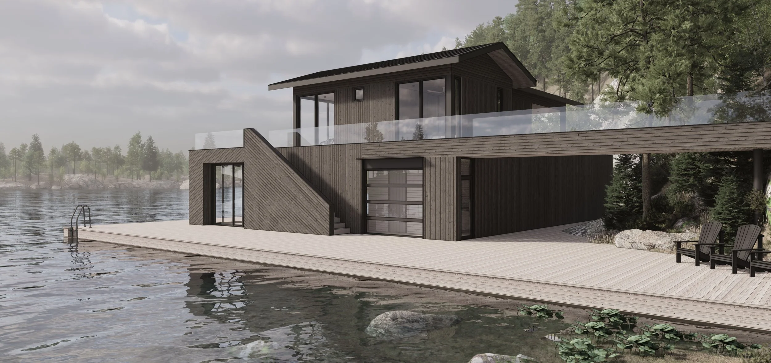 Modern Boathouse Clad in dark wood siding with sloped standing seam metal roof in Muskoka, Lake Rosseau