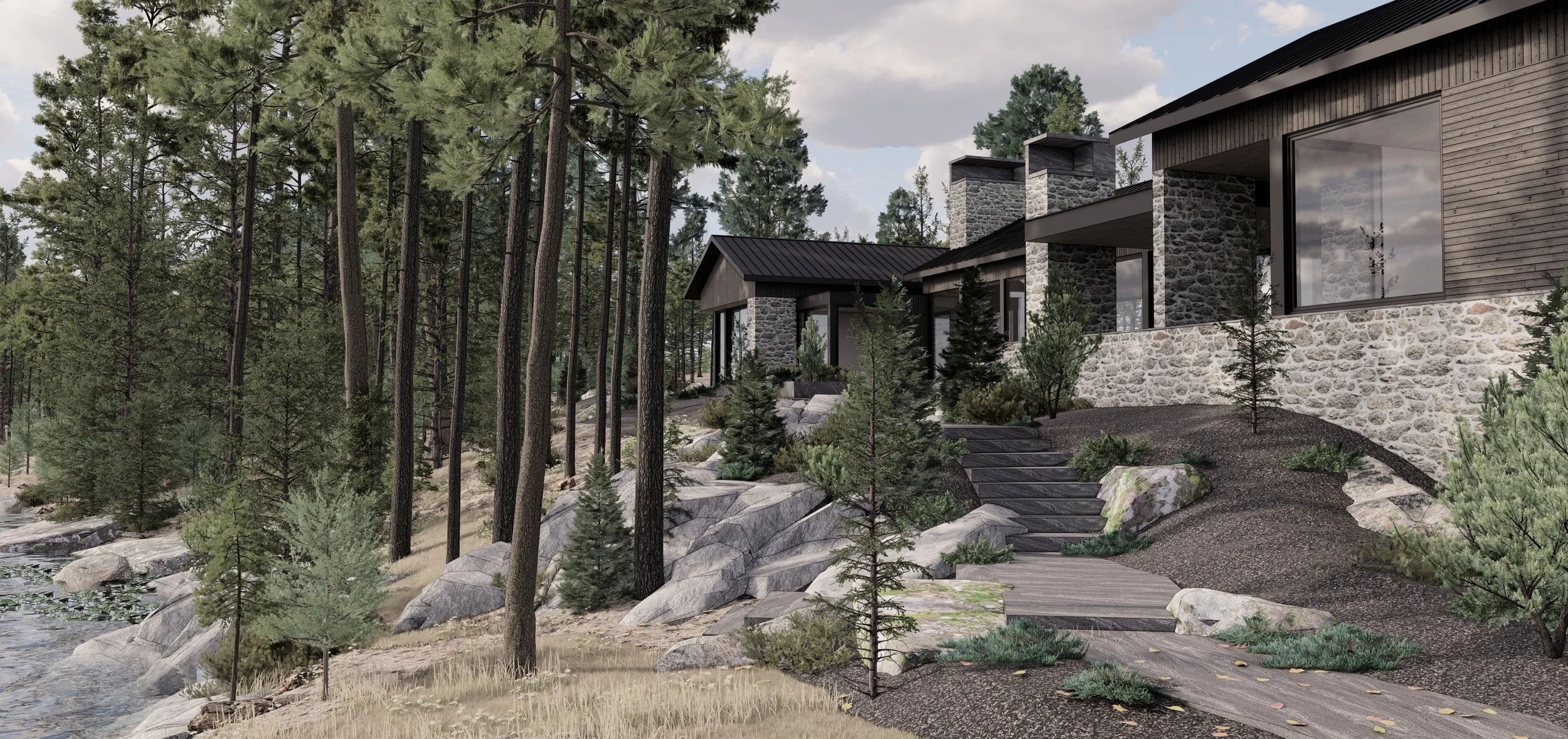 Modern Canadian wilderness retreat on Lake Joseph with connected pavilion forms and black metal roofs