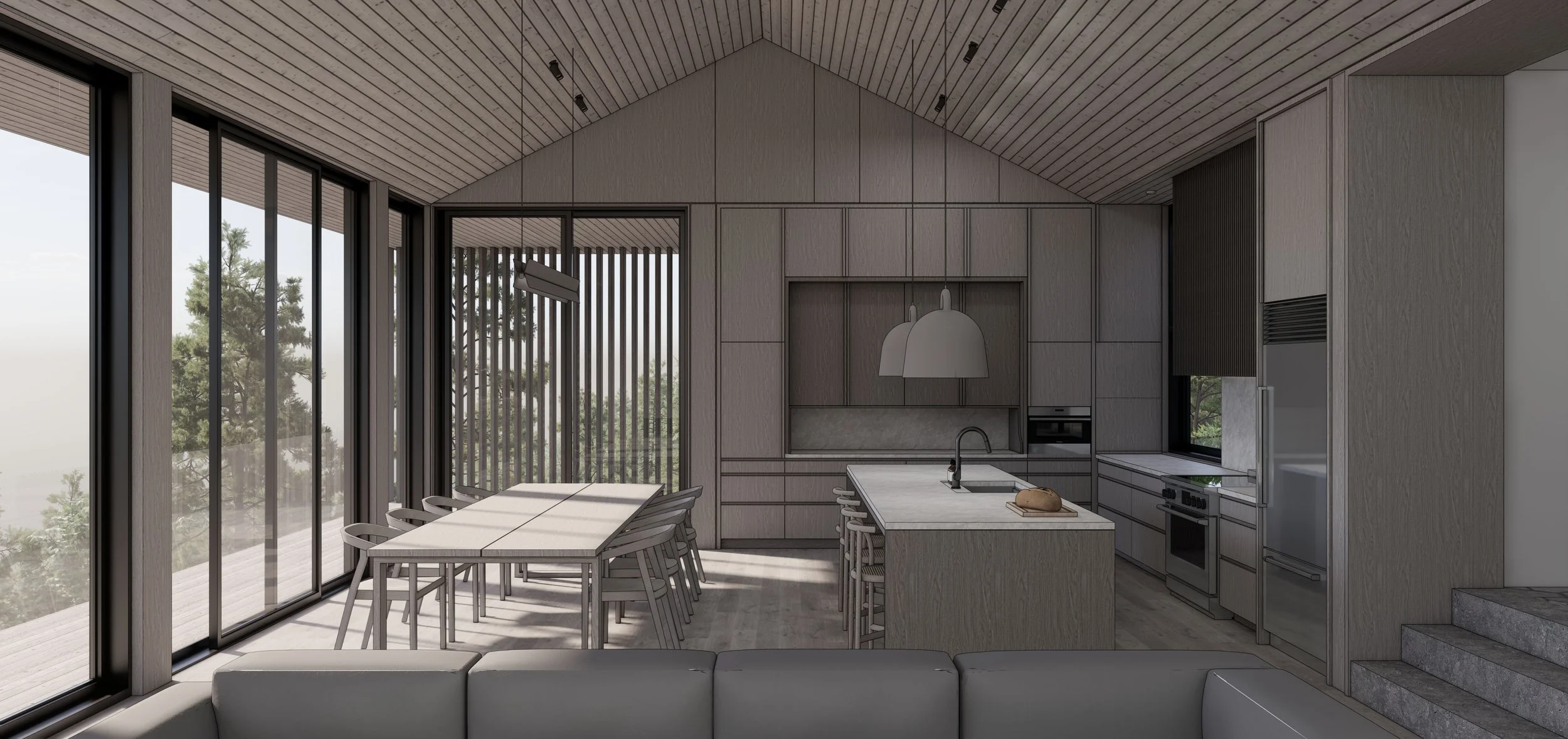 Moern kitchen, white oak cabinets, granite solid surfaces, wood ceiling and engineered wood floors