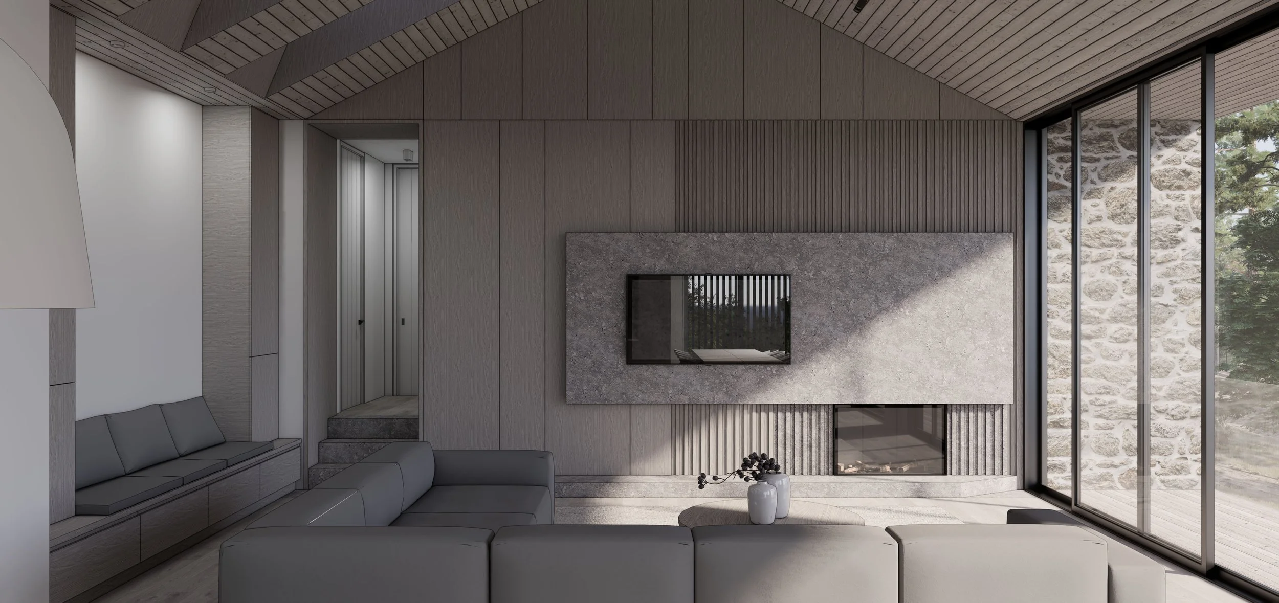 Vaulted Ceilings clad in wood, feature TV wal with gas fire place, white oak panelling and slats