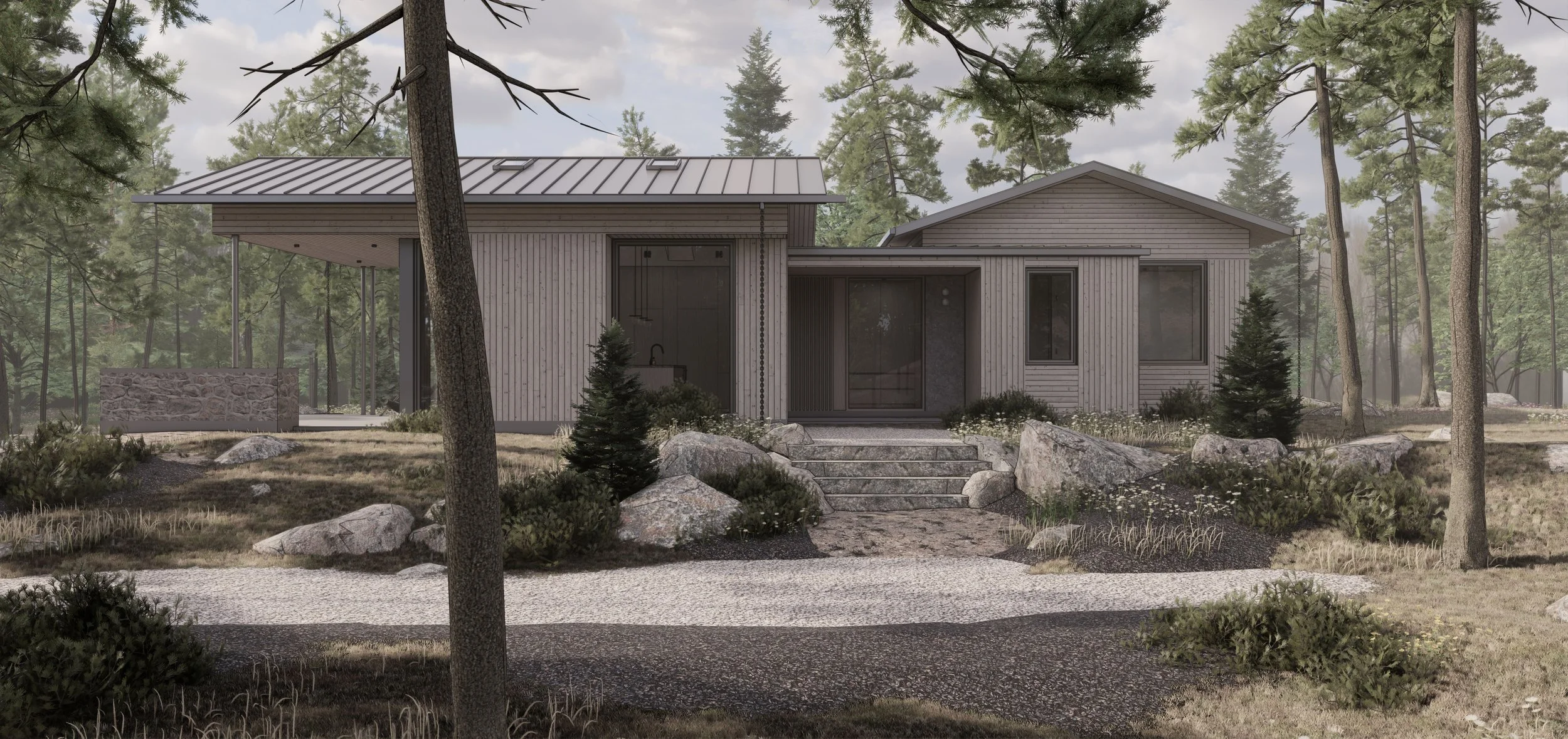 Small 2 Bedroom Modern Cottage clad in white cedar and granite with sloped standing seam metal roof