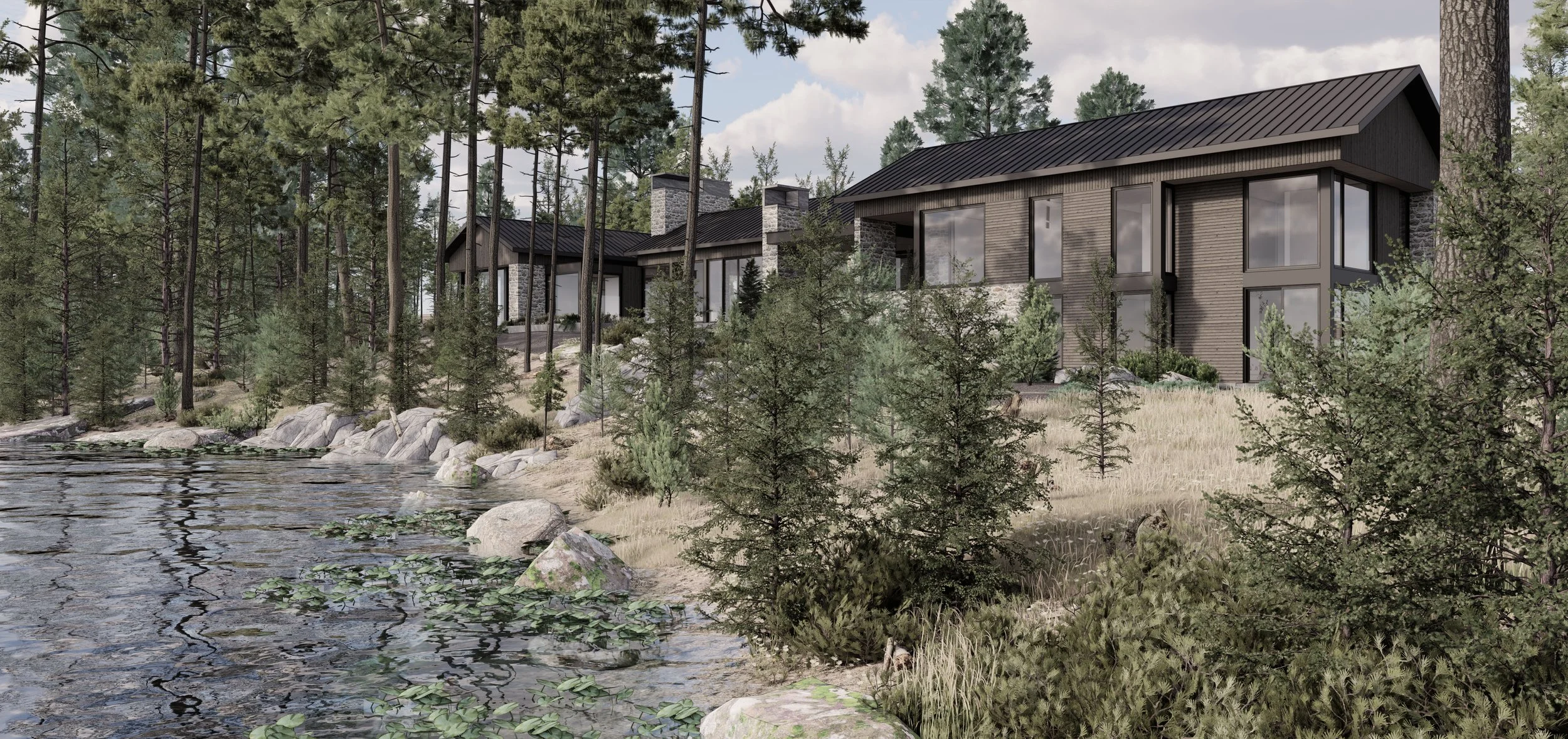 Contemporary cottage retreat in Muskoka nestled among mature pine trees on the rocky shoreline of Lake Joseph