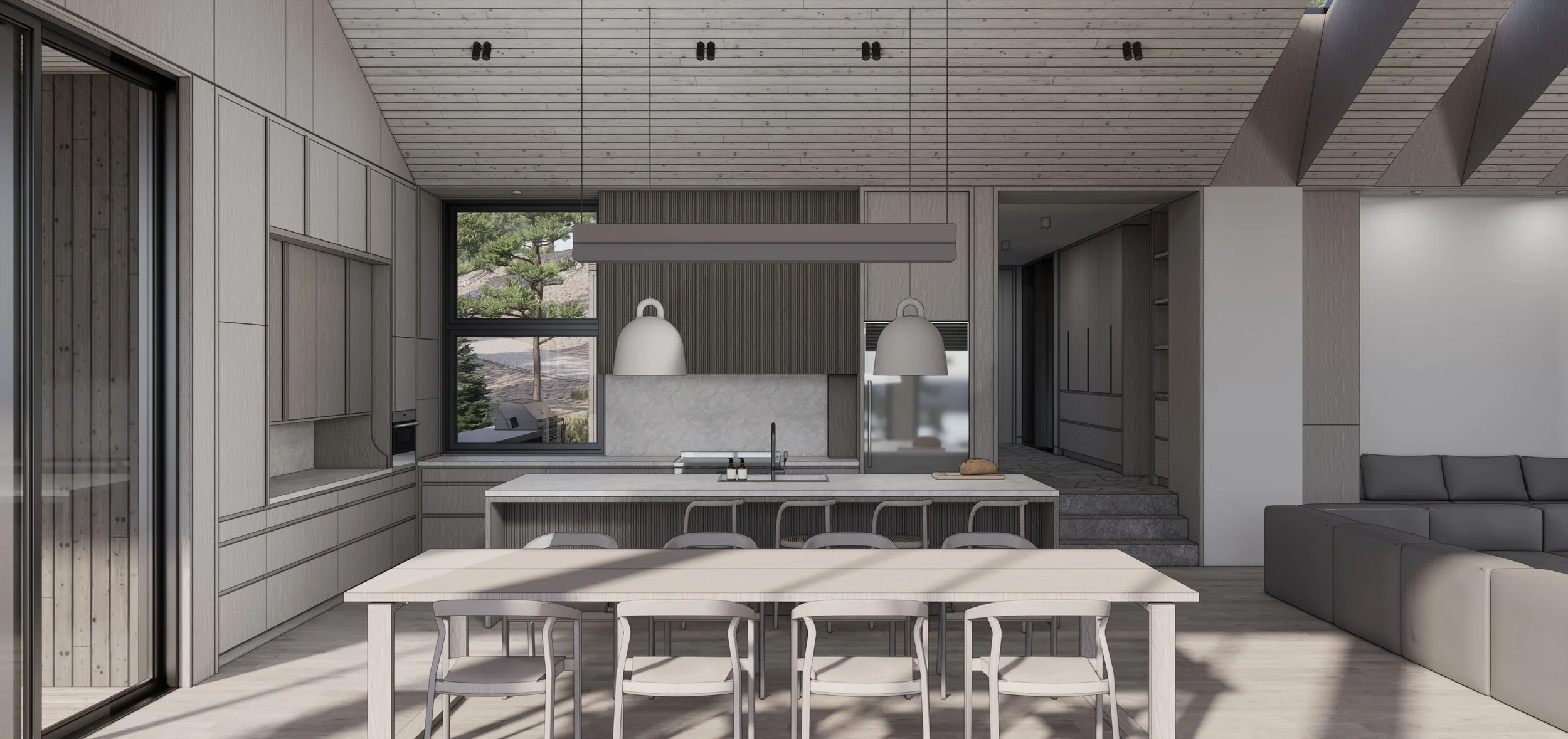 Moern kitchen, white oak cabinets, granite solid surfaces, wood ceiling and engineered wood floors