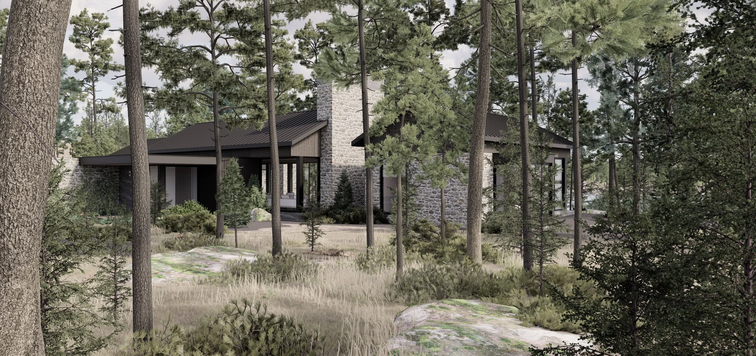 Luxury Muskoka cottage architecture with natural stone chimneys, forested landscape, and lakefront views