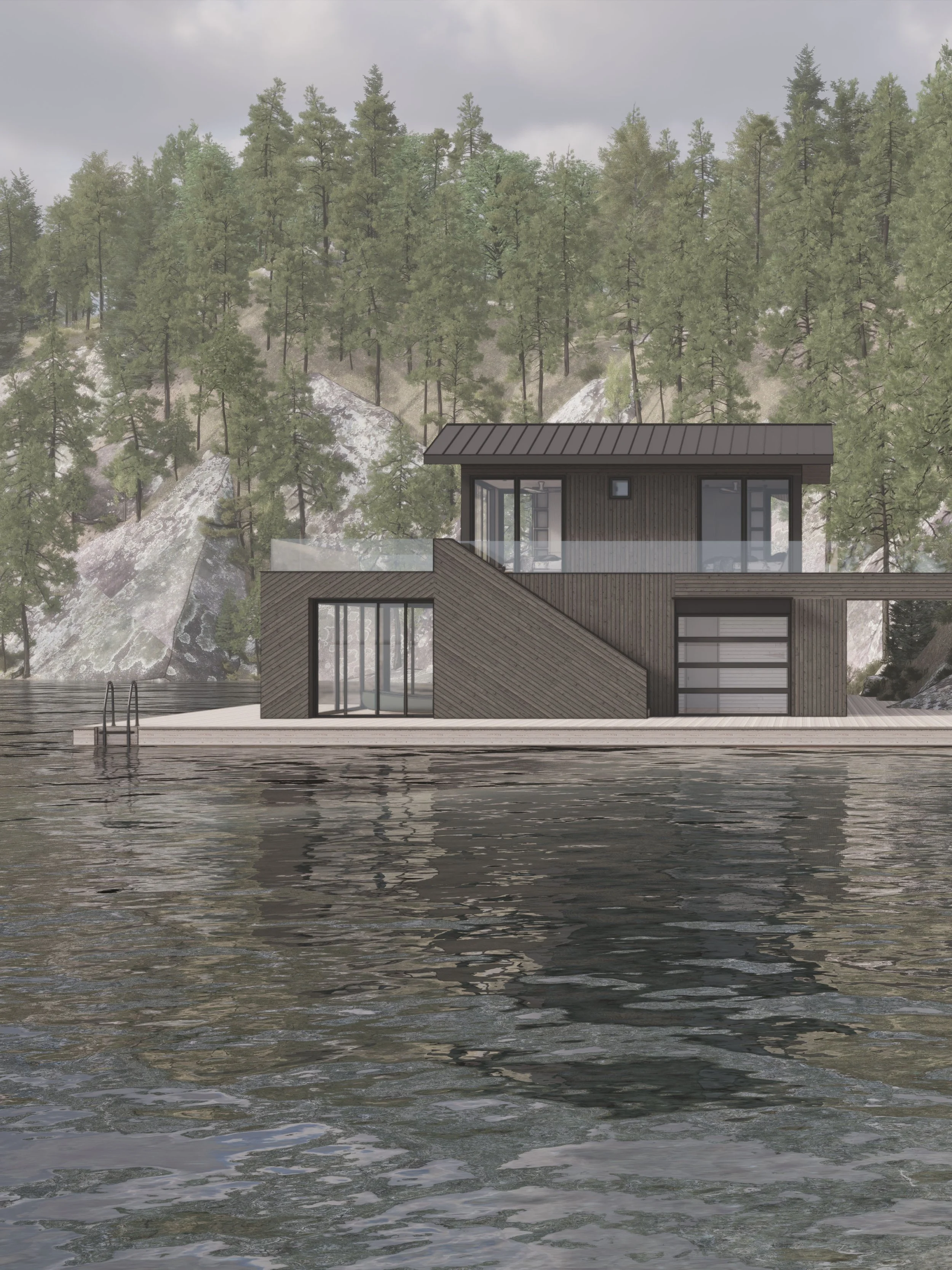 Modern Boathouse Clad in dark wood siding with sloped standing seam metal roof in Muskoka, Lake Rosseau