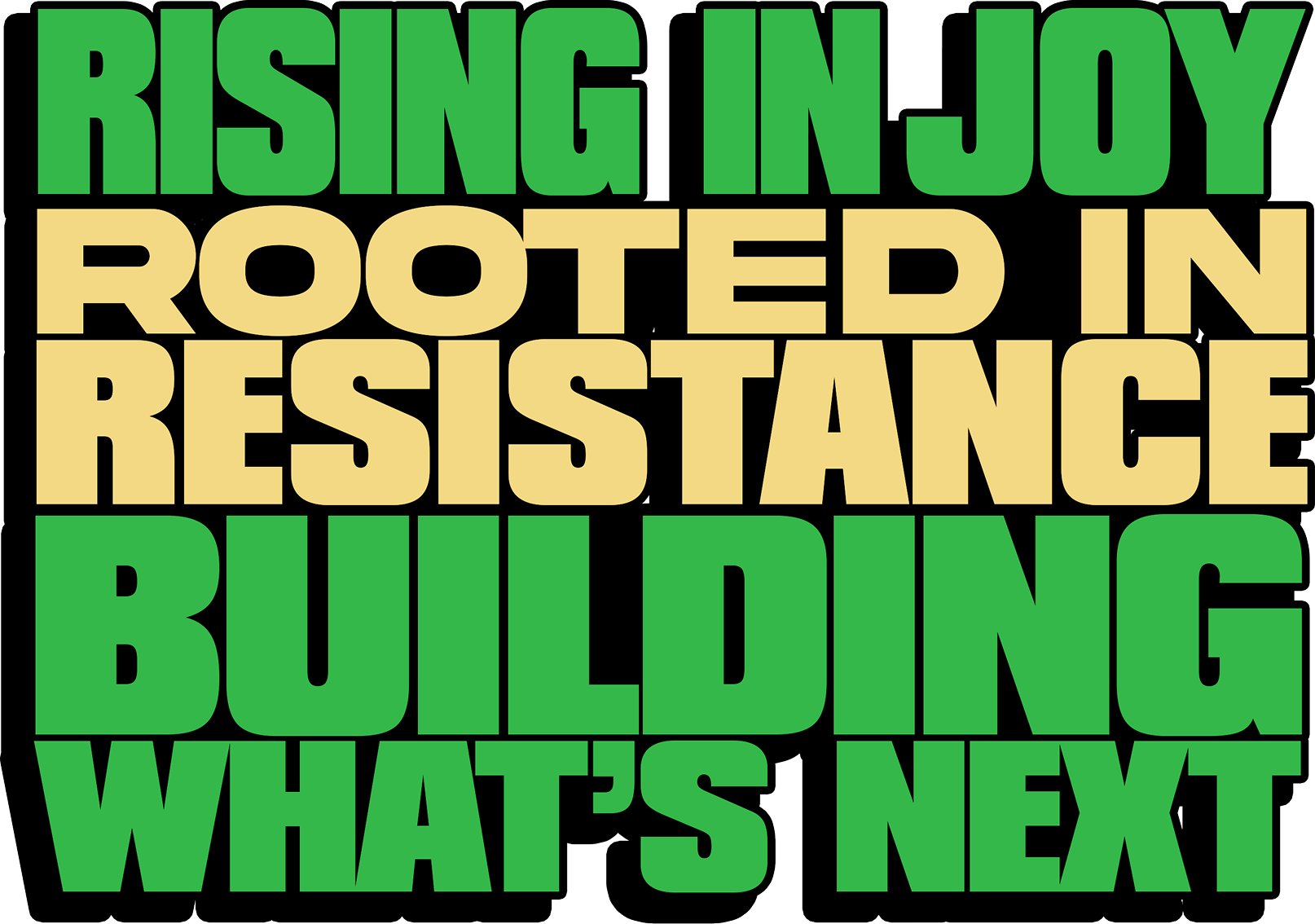 A colorful word cloud with words in green and beige that include 'Rising in joy,' 'Rooted in resistance,' 'Building,' and 'What's next.'