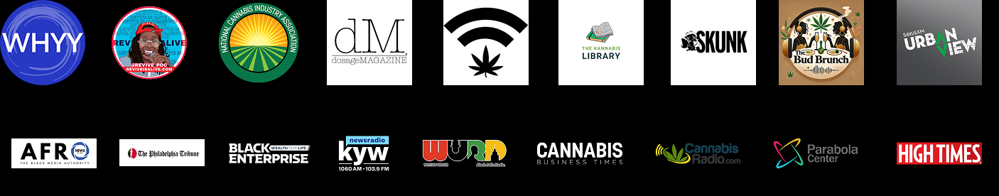 Collection of logos related to cannabis industry and media, including Whyy, Revive Safe, North American Cannabis Industry Association, Dosage Magazine, a marijuana leaf Wi-Fi symbol, The Cannabis Library, Skunk, The Buds Brunch, Urban View, AFRO News, Philadelphia Tribune, Black Enterprise, NewsRadio KYW, WURD, Cannabis Business Times, Cannabis Radio, Parabola Center, and High Times.