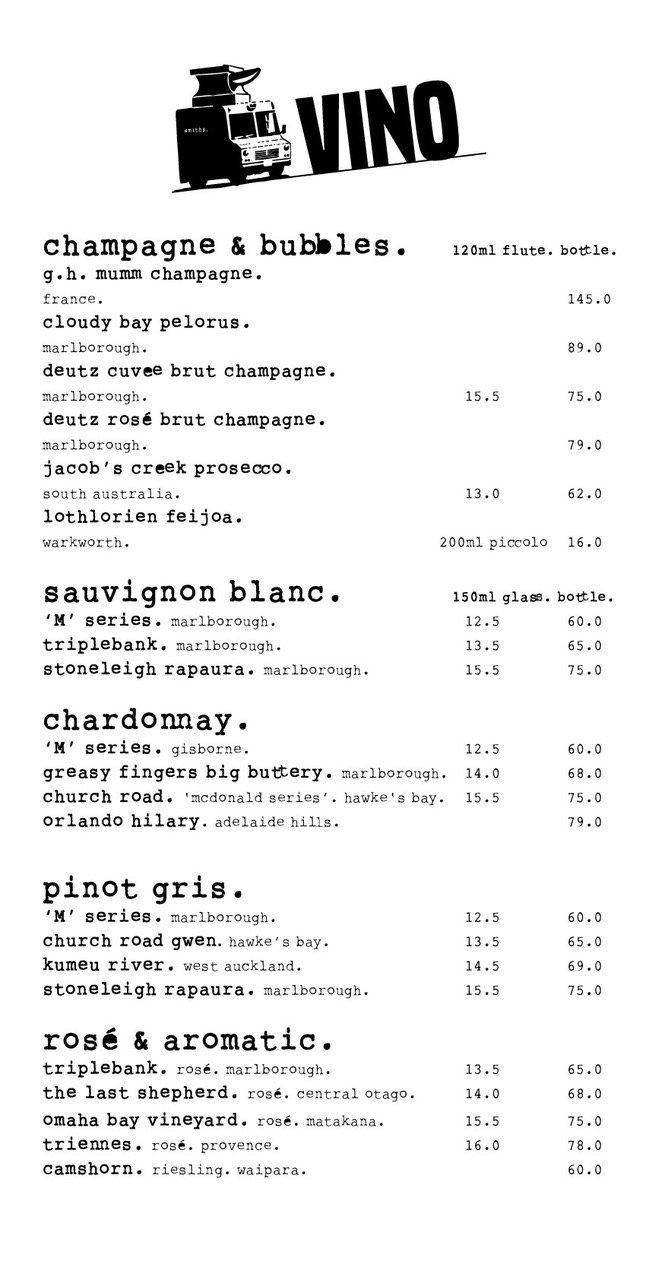 Menu of wines including champagne, sauvignon blanc, chardonnay, pinot gris, rosé, and aromatic wines with prices listed.