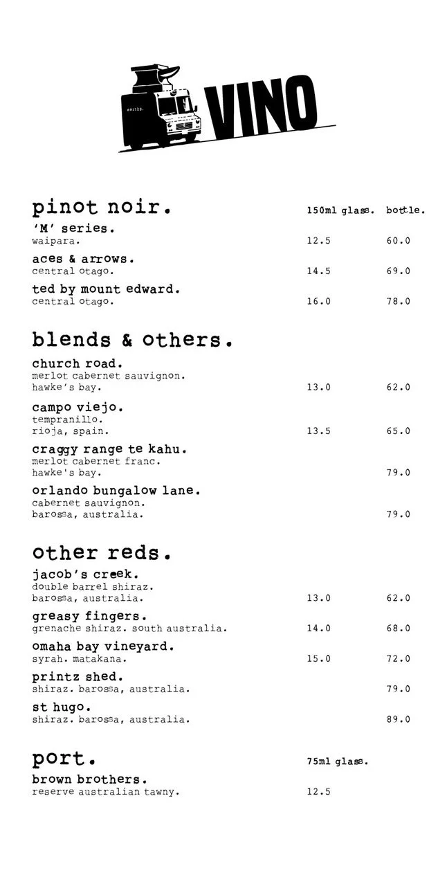 A wine menu titled 'Vino' with sections for Pinot Noir, Blends & Others, Other Reds, and Port, listing various wine names, types, and prices.