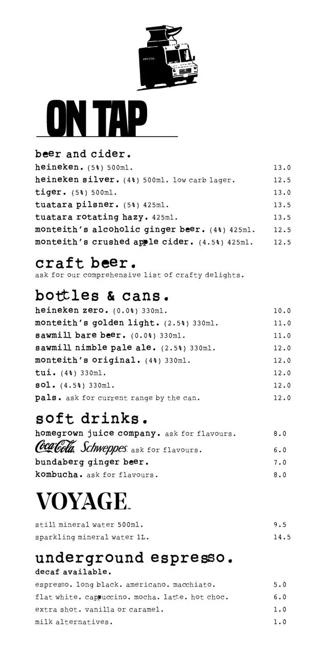 A menu titled "ON TAP" listing various beers, craft beers, bottles and cans, soft drinks, and underground espresso options, with prices next to each item.