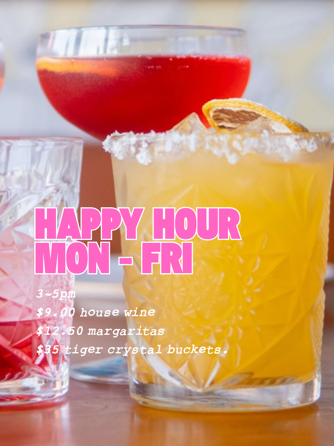 Advertisement for happy hour at Smiths in Matakana Country Park from 3 PM to 6 PM, Tuesday to Friday. Offers include $8 house wine, $12.50 margaritas, and $35 Tiger Crystal buckets containing five bottles. Features a bucket with Tiger beer bottles.
