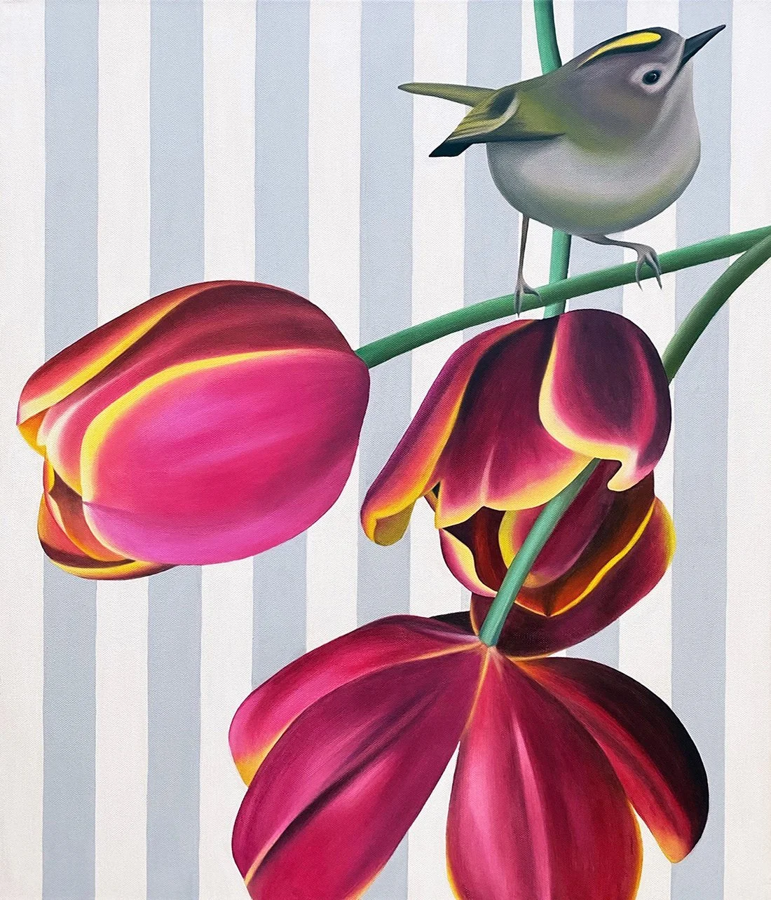 Goldcrest and 'Flying Dragon', 2021, oil/acrylic on canvas, 70x60x2cm (sold)