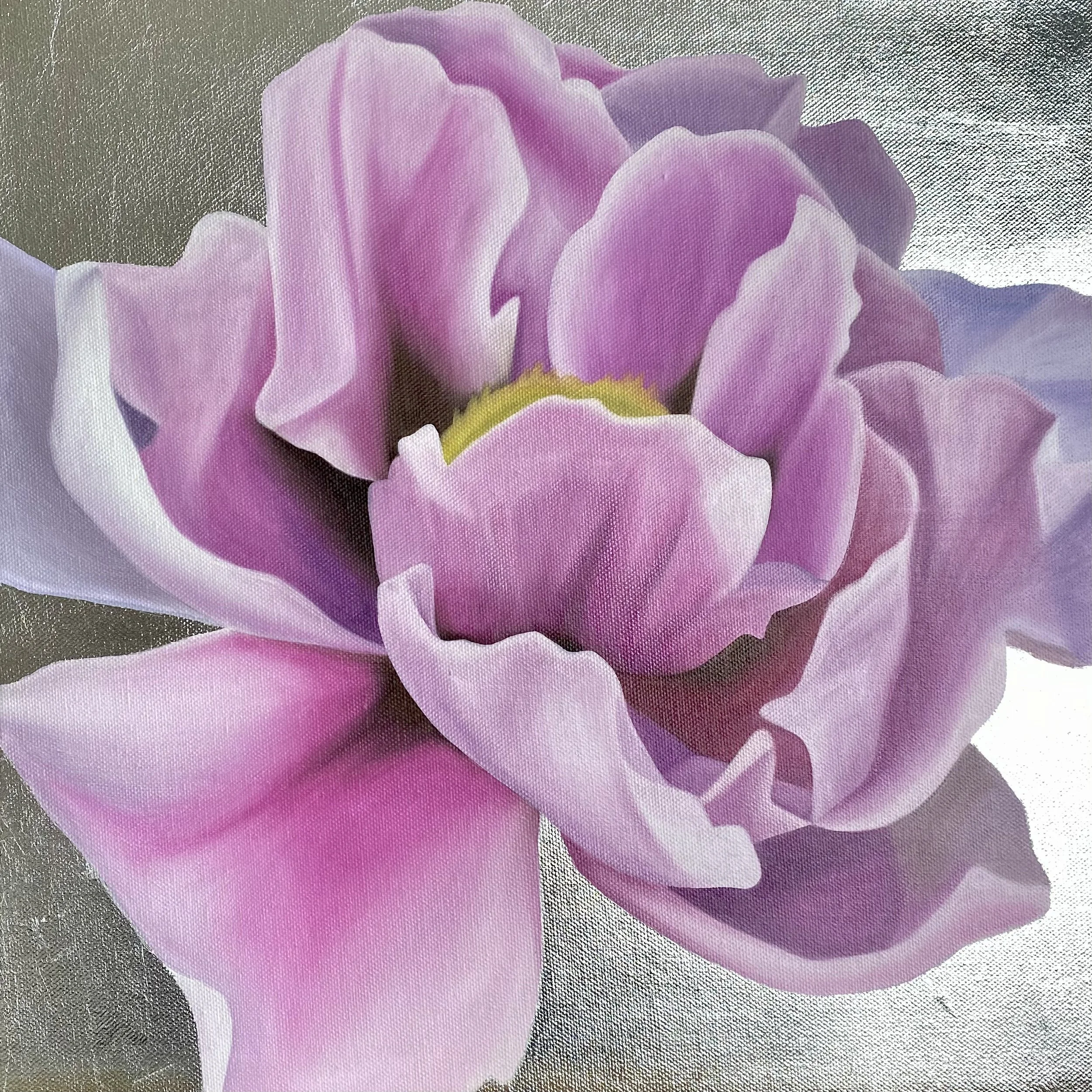 Purple Peony, 2022, oil/silver metal leaf on canvas, 40x40x2cm (sold)