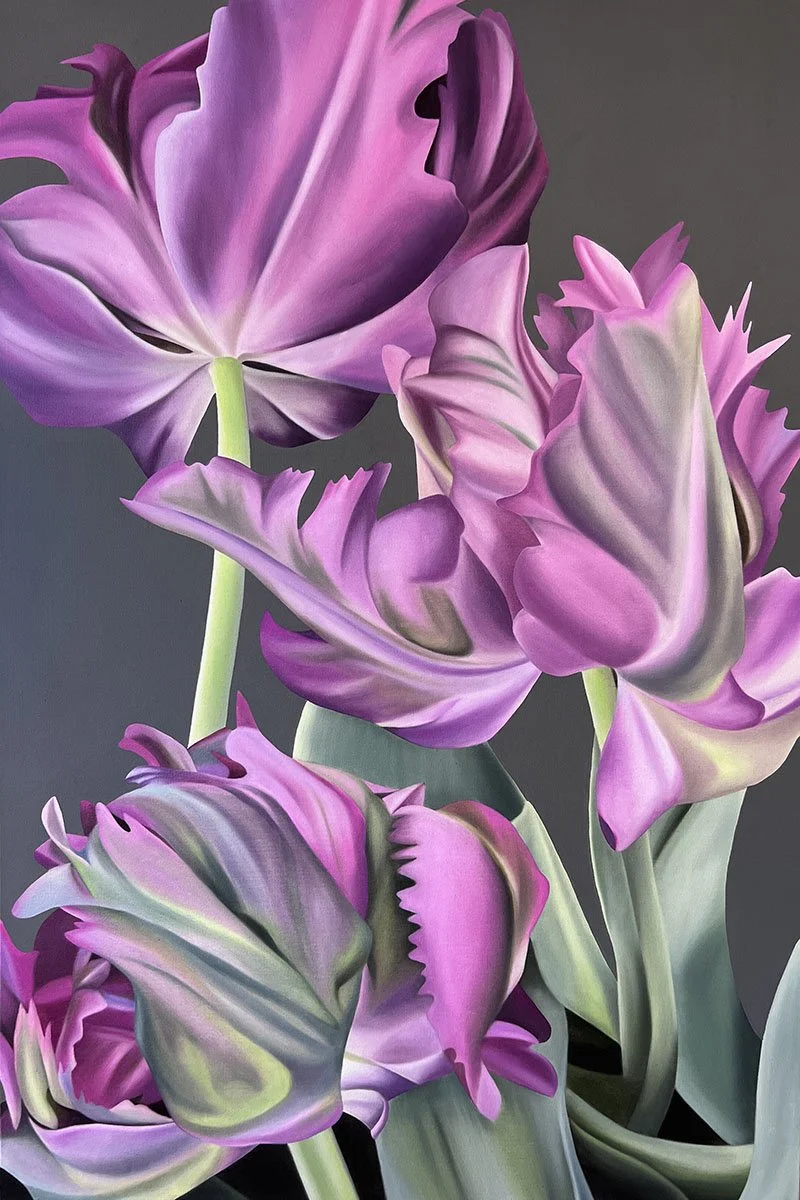 Parrot Negrita Tulips, 2023, oil/ acrylic on canvas, 120x80x4cm (commission work)