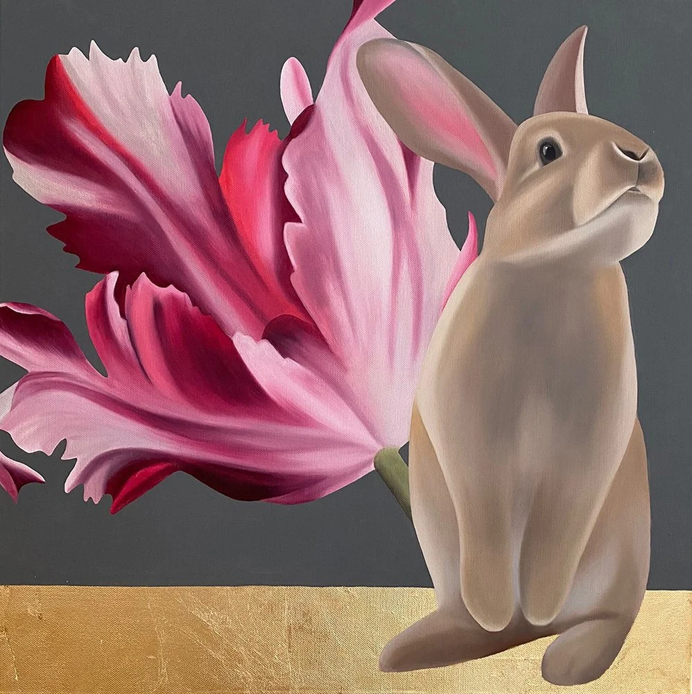 Curious Bunny, 2020, oil/acrylic/gold metal leaf on canvas, 60x60x2cm (sold)