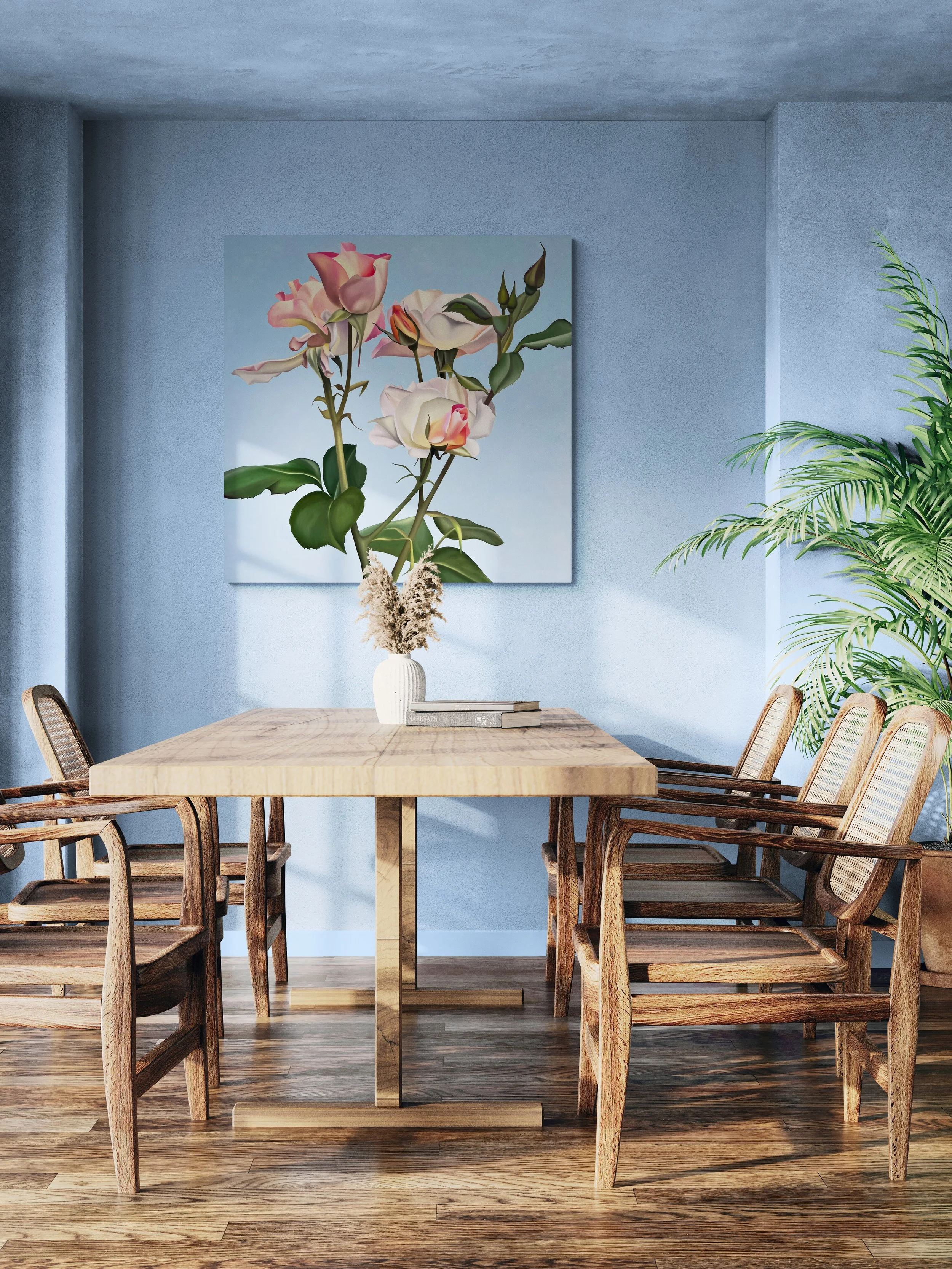 Blissfully Pink_artist_Ildze Ose_2022_dining-area-with-wooden-furniture-and-large-plant.jpg