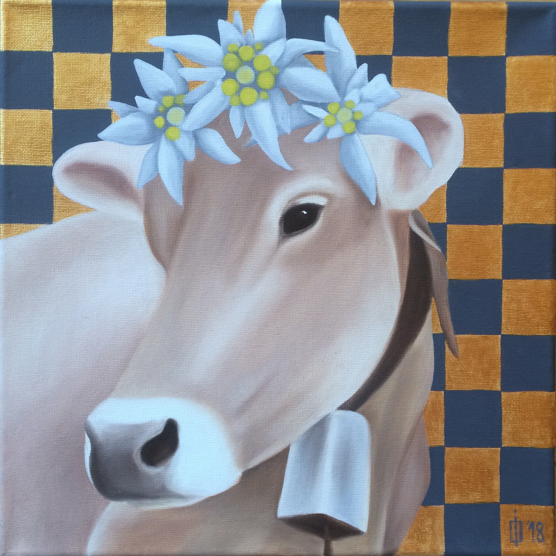 Cow & Edelweiss II, 2018, oil/acrylic on canvas, 30x30x4cm (sold)