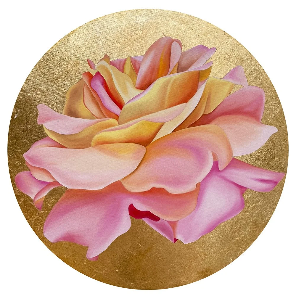 Rose Blossom I, 2020, oil/gold metal leaf on round canvas, D60x2cm (sold)