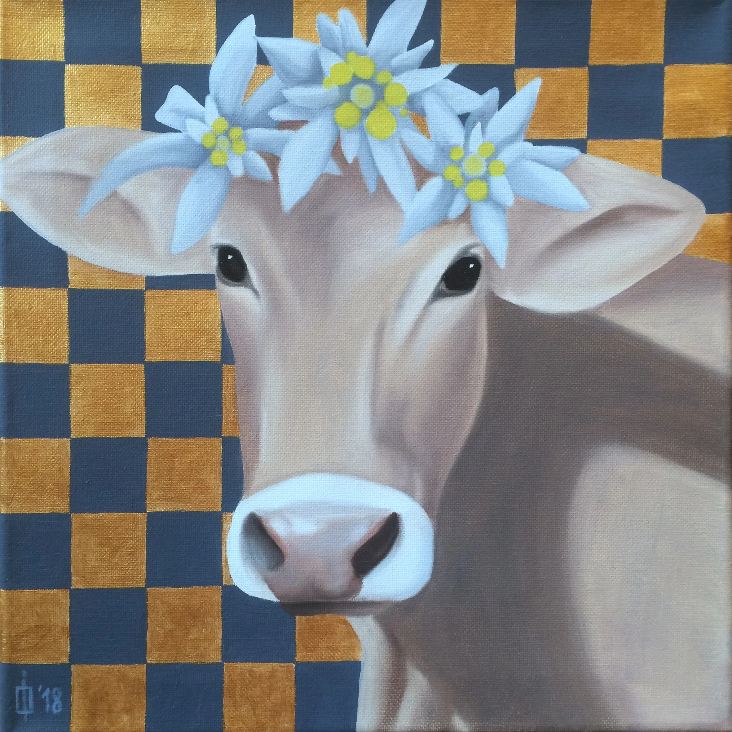 Cow & Edelweiss I, 2018, oil/acrylic on canvas, 30x30x4cm (sold)