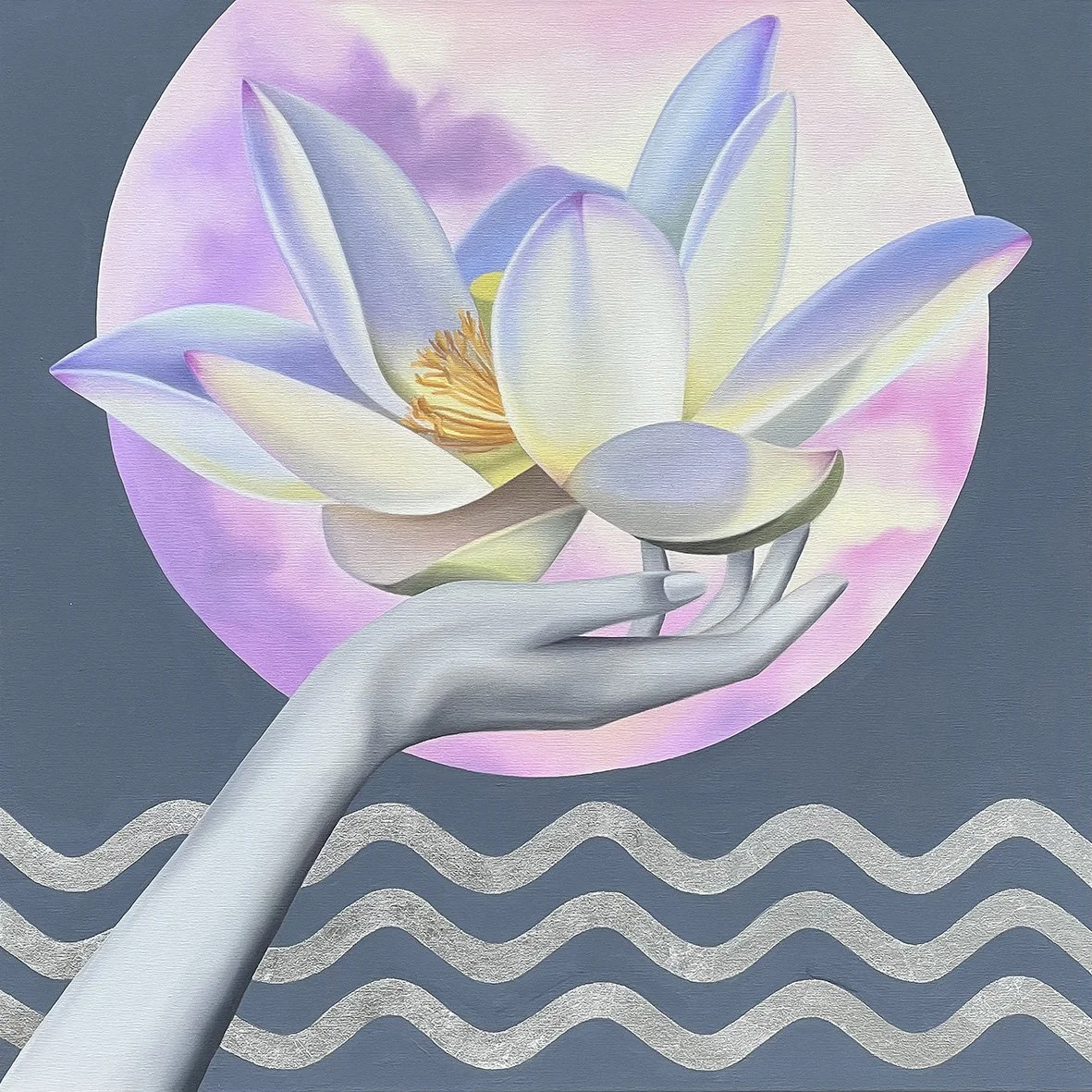 Whispers Of Serenity, 2025, oil/silver metal leaf on canvas, 80x80x2cm (available)