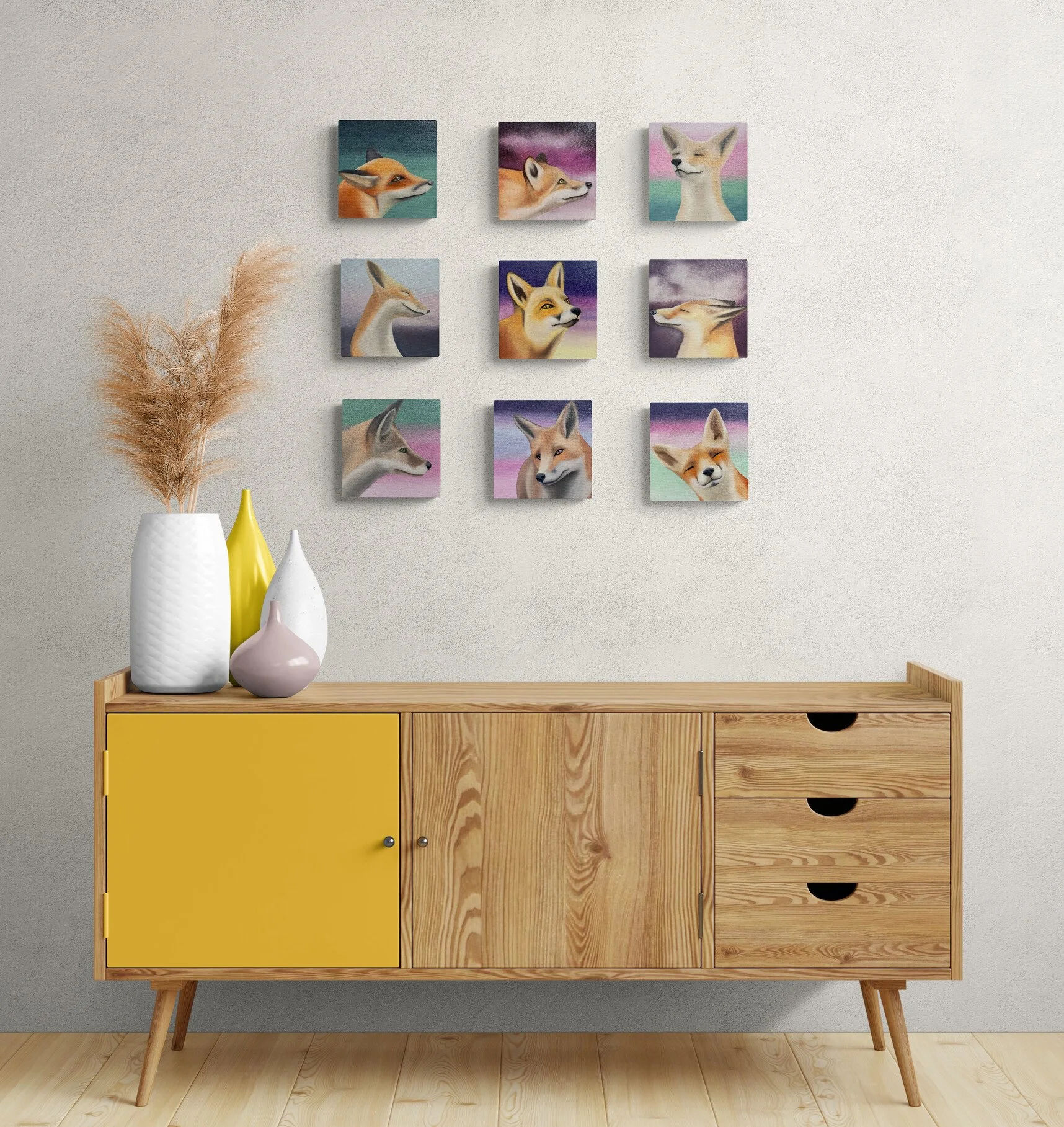 Ildze Ose_The Fox Within_fox painting collection_2026_ceramic-vases-sitting-on-a-wooden-cabinet.jpg (Copy) (Copy) (Copy)