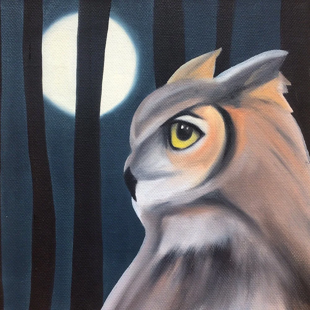 Owl I, 2018, oil/acrylic on canvas, 20x20x2cm (sold)