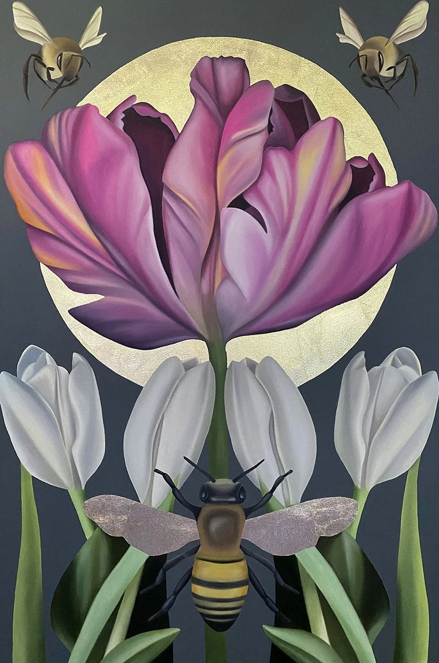 Tulips And bees, 2021, oil/acrylic/gold metal leaf on canvas, 120x80x4cm (commission work)