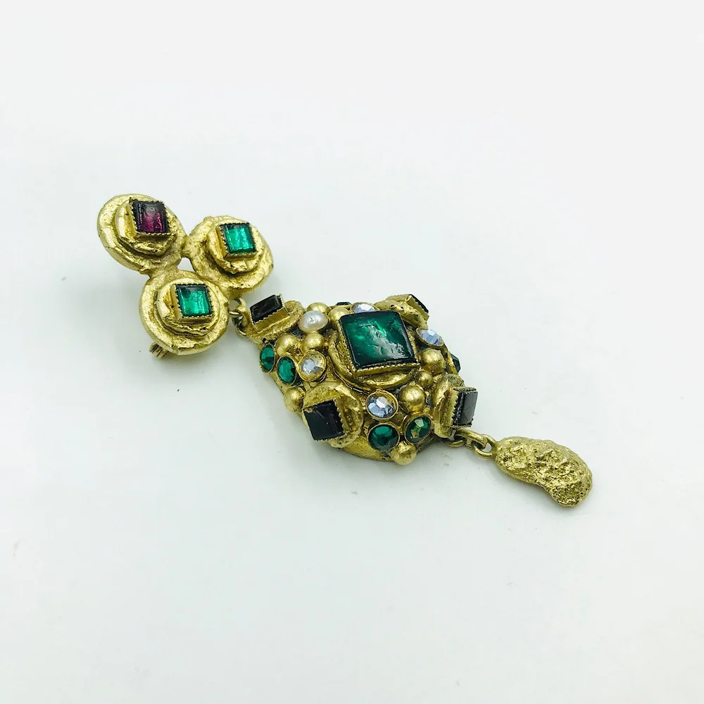 Broche Vintage Henry Perrichon - Décor Abstrait Signée - Résine Et Strass Sur Bronze Doré