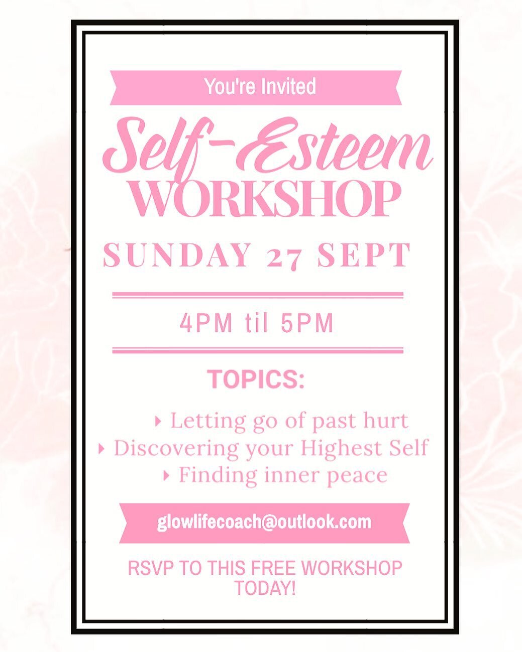 YOU'RE ALL INVITED! 🥳🎉

I'll be hosting my first virtual workshop on Sunday the 27th of September. 

This Self Esteem Workshop will start at 4pm AEST via Zoom. 

The session is totally free and open to all! 👩🏼&zwj;🤝&zwj;👩🏾👩🏻&zwj;🤝&zwj;👩🏽?