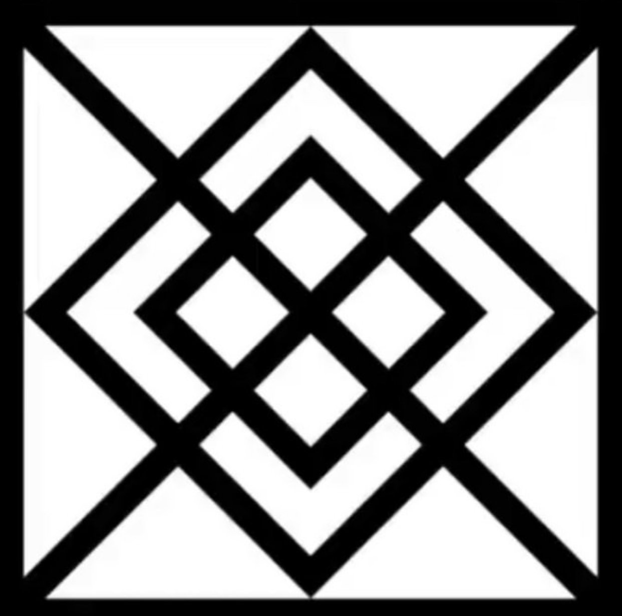 Black and white geometric pattern with interlocking diamond shapes and lines.