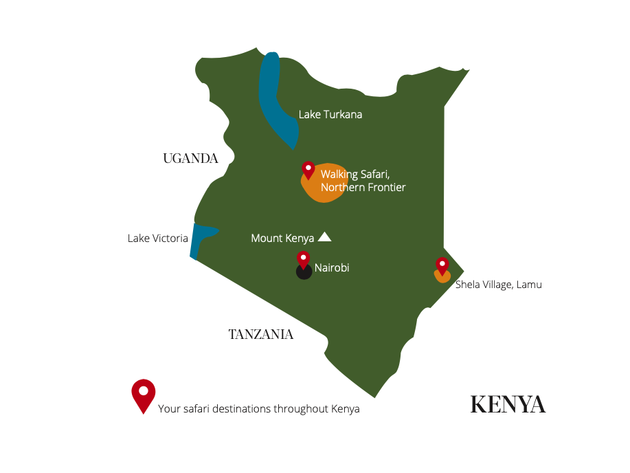 Map of Kenya showing locations of Lake Turkana, Lake Victoria, Mount Kenya, Nairobi, Shela Village in Lamu, and a highlighted walking safari area in the northern frontier, with notes indicating safari destinations throughout Kenya.