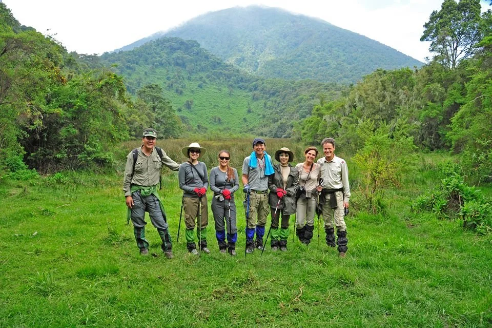 Guests trekking through Volcanoes National Park in Rwanda on a mountain gorilla trekking experience, one of Africa's most extraordinary wildlife encounters.