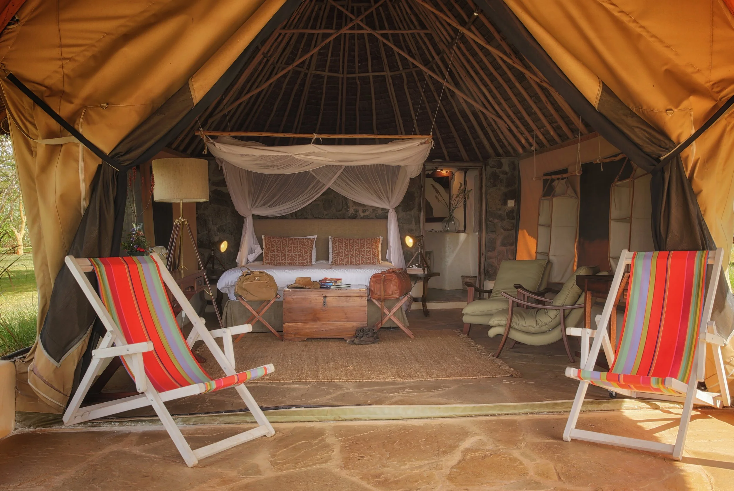 Luxury safari tent at Ololo Lodge on the edge of Nairobi National Park, Kenya, combining elegant accommodation with easy access to one of Africa's only wildlife parks beside a capital city.