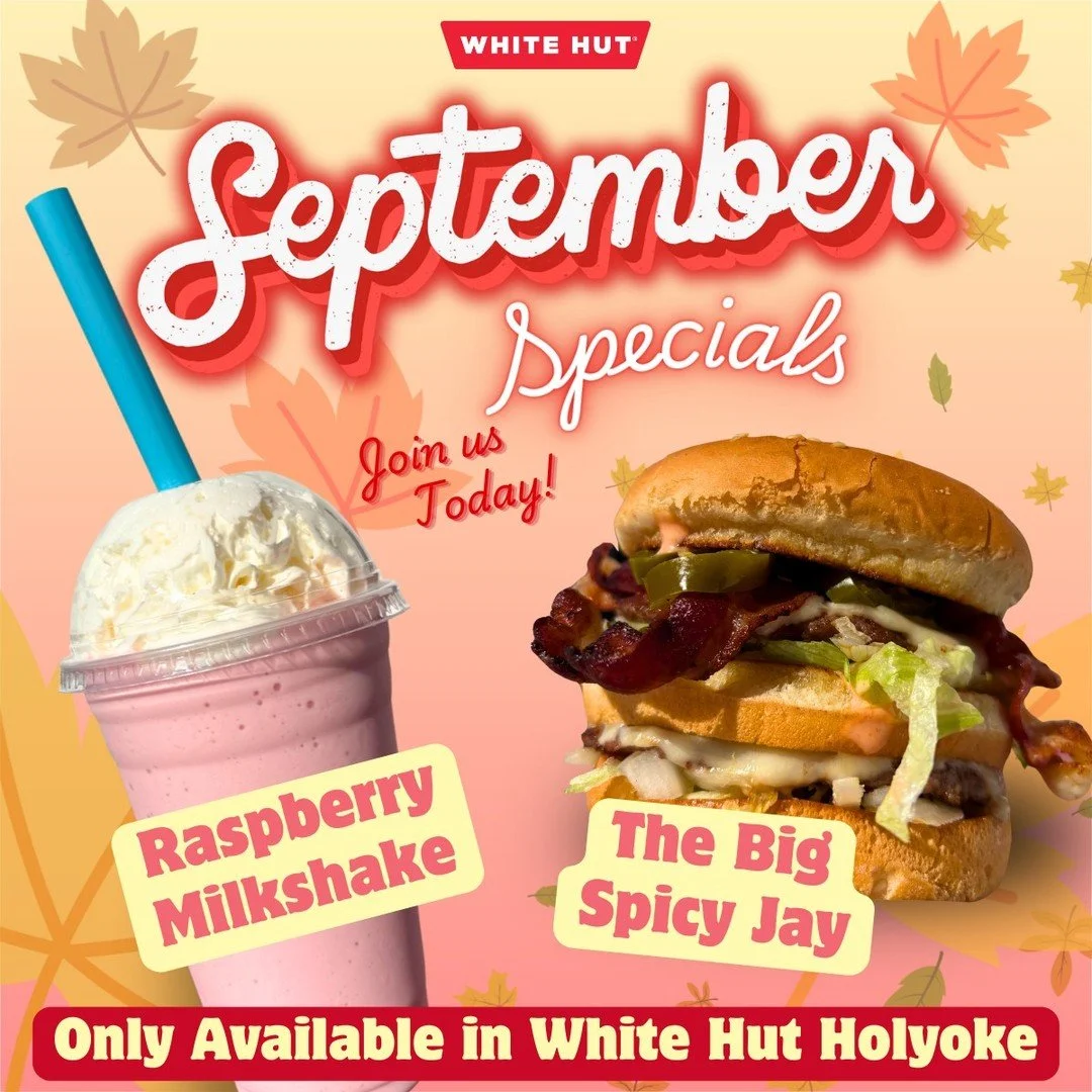 The weather may be a WASHOUT at The Big E, but we're cooking in Holyoke!
🔥Big Spicy Jay Burger + 🍓Raspberry Shake = September Special!
Don't Miss Out! Join us at White Hut Holyoke!