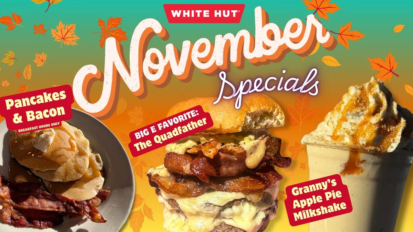 Fall flavor&rsquo;s calling! 🍁🥰
The Quadfather&rsquo;s back, Grandma&rsquo;s Apple Pie Shake is pouring, and Pancakes &amp; Bacon are sizzling.
All month long at White Hut Holyoke + West Side
.
.
#WhiteHut #FallEats #MassFoodies #ComfortFood #CozyS