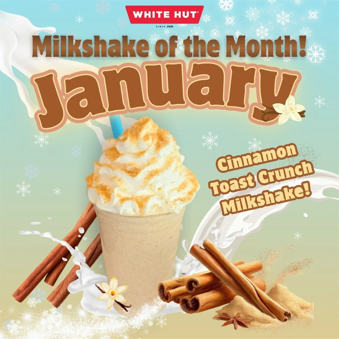 Starting January on a sweet note 🥣
Our Cinnamon Toast Crunch Milkshake is here as our Milkshake of the Month! Vanilla ice cream blended with Cinnamon Toast Crunch cereal, topped with whipped cream and cereal!
👉 Available all month long! Come try it