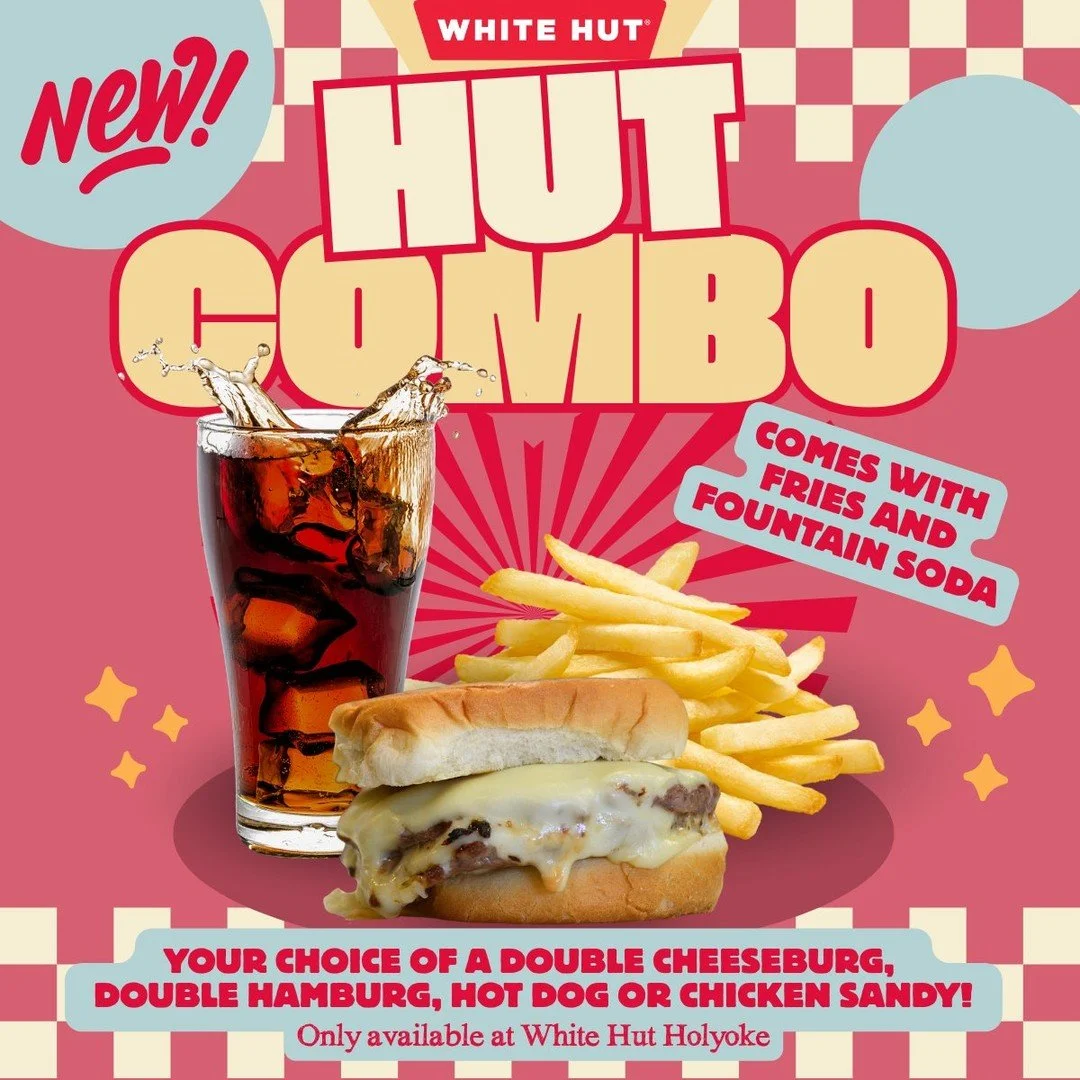 ✨NEW at White Hut Holyoke! ✨Combo it up 🍔🌭
Pick your favorite:
Double Cheeseburg &bull; Double Hamburg &bull; Hot Dog &bull; Crispy Chicken Sandwich
Each combo comes with fries + a fountain soda 🍟🥤
Try it today! Only available at White Hut Holyok