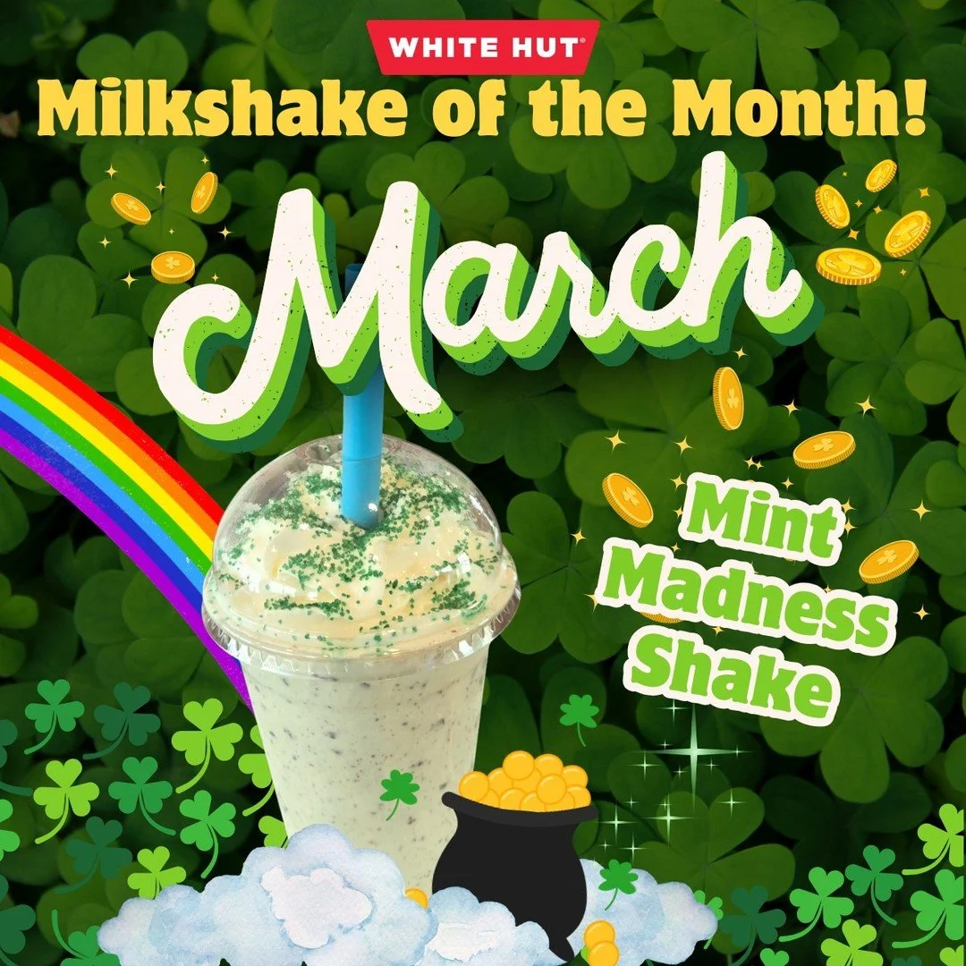 March Milkshake of the Month is here! 💚
Our Mint Madness Shake is a mint chocolate chip dream, topped with whipped cream and green crystal sprinkles. Lucky for you, it&rsquo;s available all month long at both locations!🌈🍀

#marchspecials #milkshak