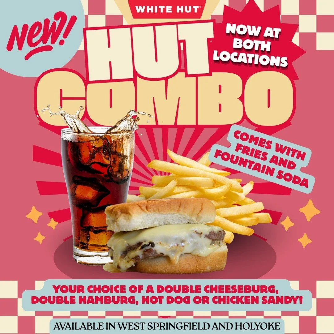 Our Hut Combos are now available at West Springfield! 😍Double the locations, same White Hut favorites 🤍

Pick from your favorite:
Double Cheeseburg &bull; Double Hamburg &bull; Hot Dog &bull; Crispy Chicken Sandwich

Hut Combos from with fries, and