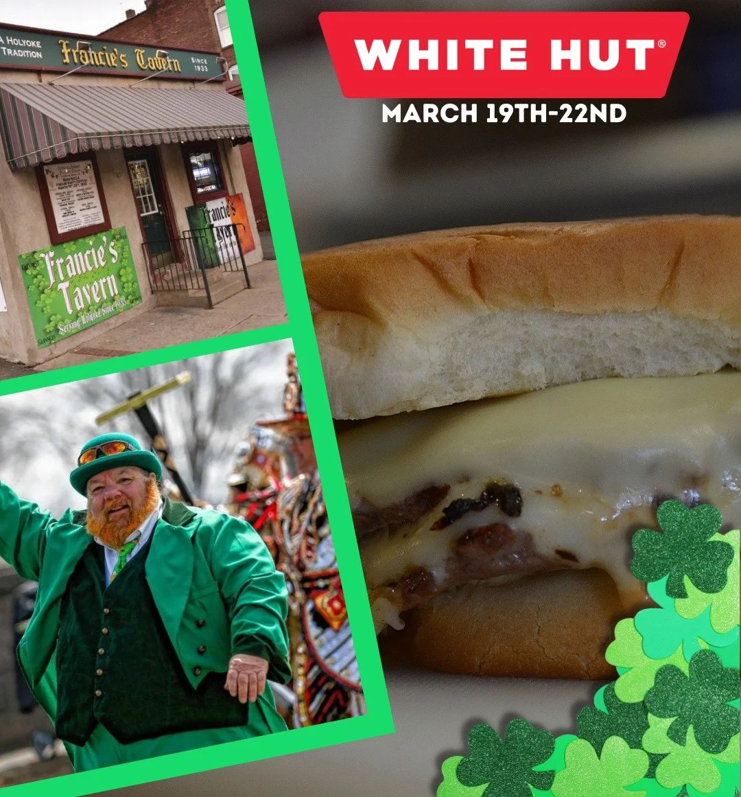Hey Holyoke, are you ready for St. Paddy's weekend?! We are! Catch the White Hut Food Truck in Holyoke at Francie's Tavern this weekend! 🍔🍀
.
Thursday, March 19th &amp; Friday, March 20th from 5pm till 12am
Saturday, March 21st from 10am till the p