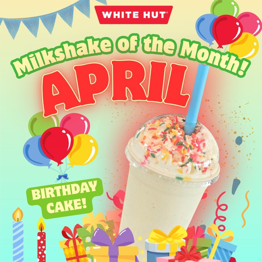 It&rsquo;s basically a party in a cup 🎉🥳
April&rsquo;s Milkshake of the Month is our Birthday Cake Shake! Funfetti cake blended with vanilla ice cream and topped with whipped cream + sprinkles!🎂
Get it all month long at White Hut West Springfield 