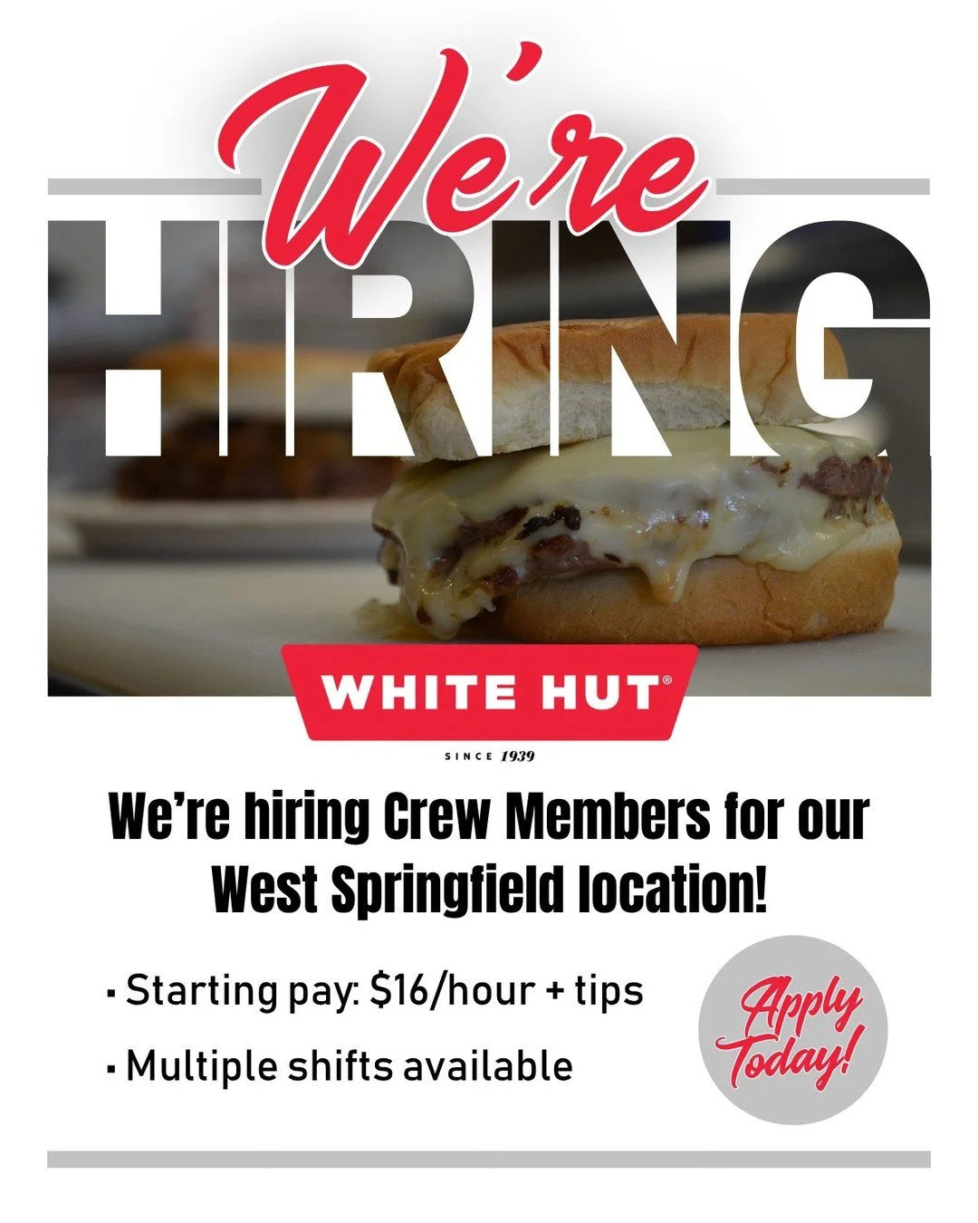 We&rsquo;re Hiring! 🚨 Join the team!
White Hut is looking for Crew Members in West Springfield!
&bull; Starting at $16/hour + tips
&bull; Multiple shifts available

Apply Now! Link in Bio!
#werehiring #westspringfield #whitehut