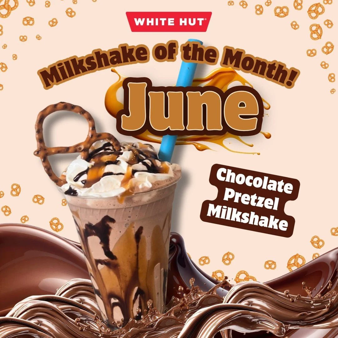 🚨 New month, new shake obsession 🚨
Meet June's Milkshake of the Month: the Chocolate Pretzel Milkshake 🍫🥨
Topped with whipped cream, caramel, and fudge because more is more!!!
Available all June long at both White Hut Holyoke and West Springfield