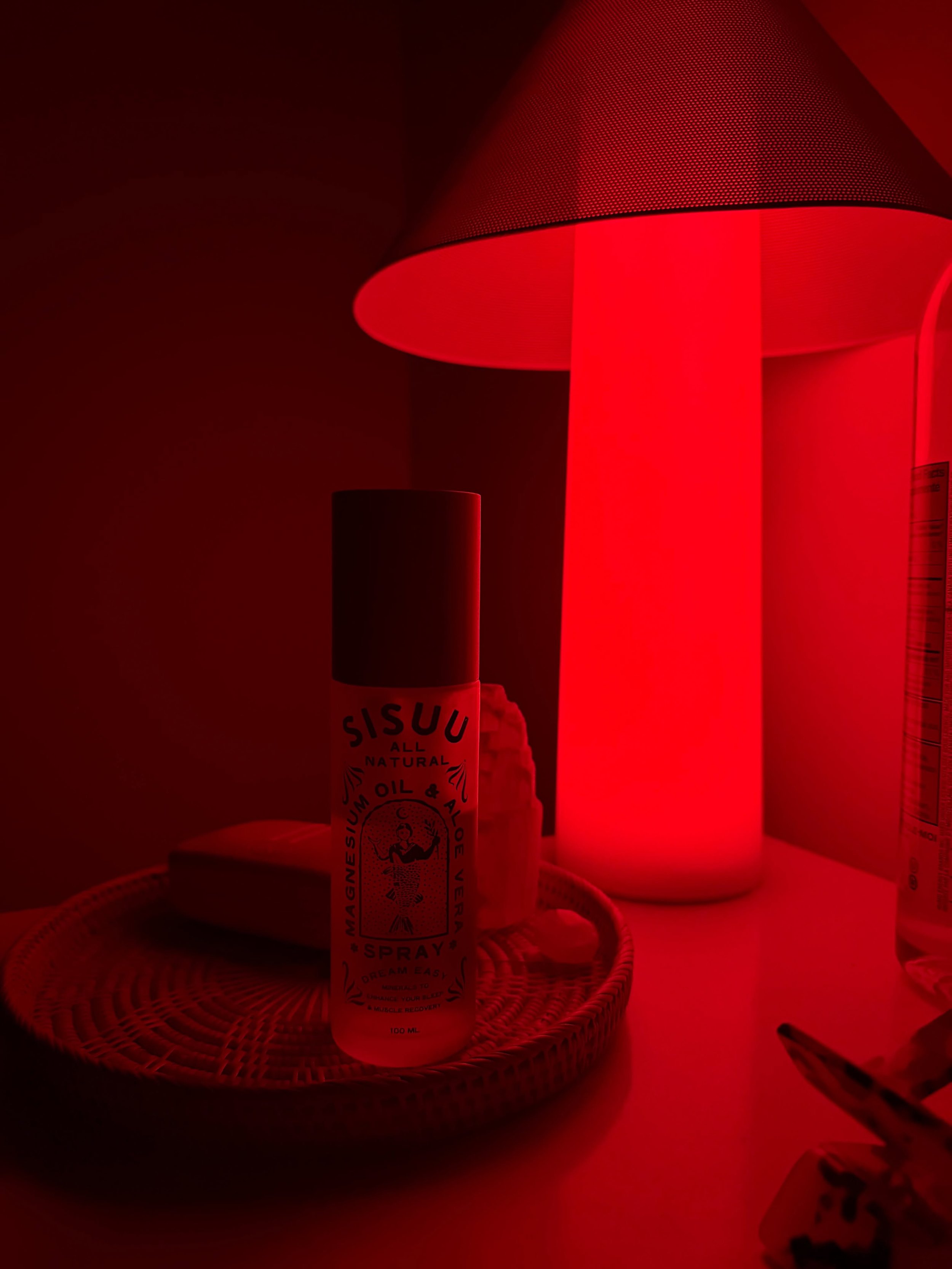 nightly rituals. 
red light to wind down and @sisuu.life magnesium spray for a good nights sleep. I have been using this magnesium spray for months and truly can&rsquo;t be without it. I love this unscented version but excited to try out the new ceda