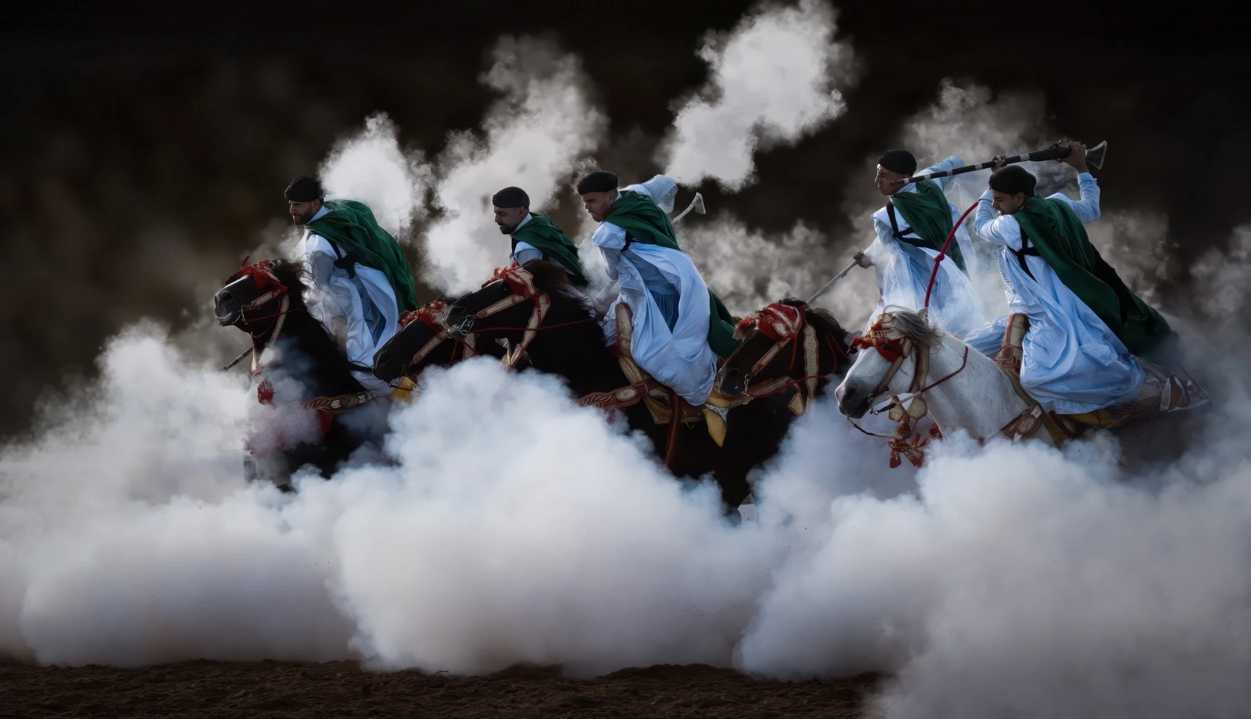 The earth quakes beneath their hooves. Above, the sky receives the crack of gunfire, a rhythm carved into memory. Horse and rider move as one, each plume of smoke a breath from the past.
This is not performance, it is legacy. A dance of loyalty, cour