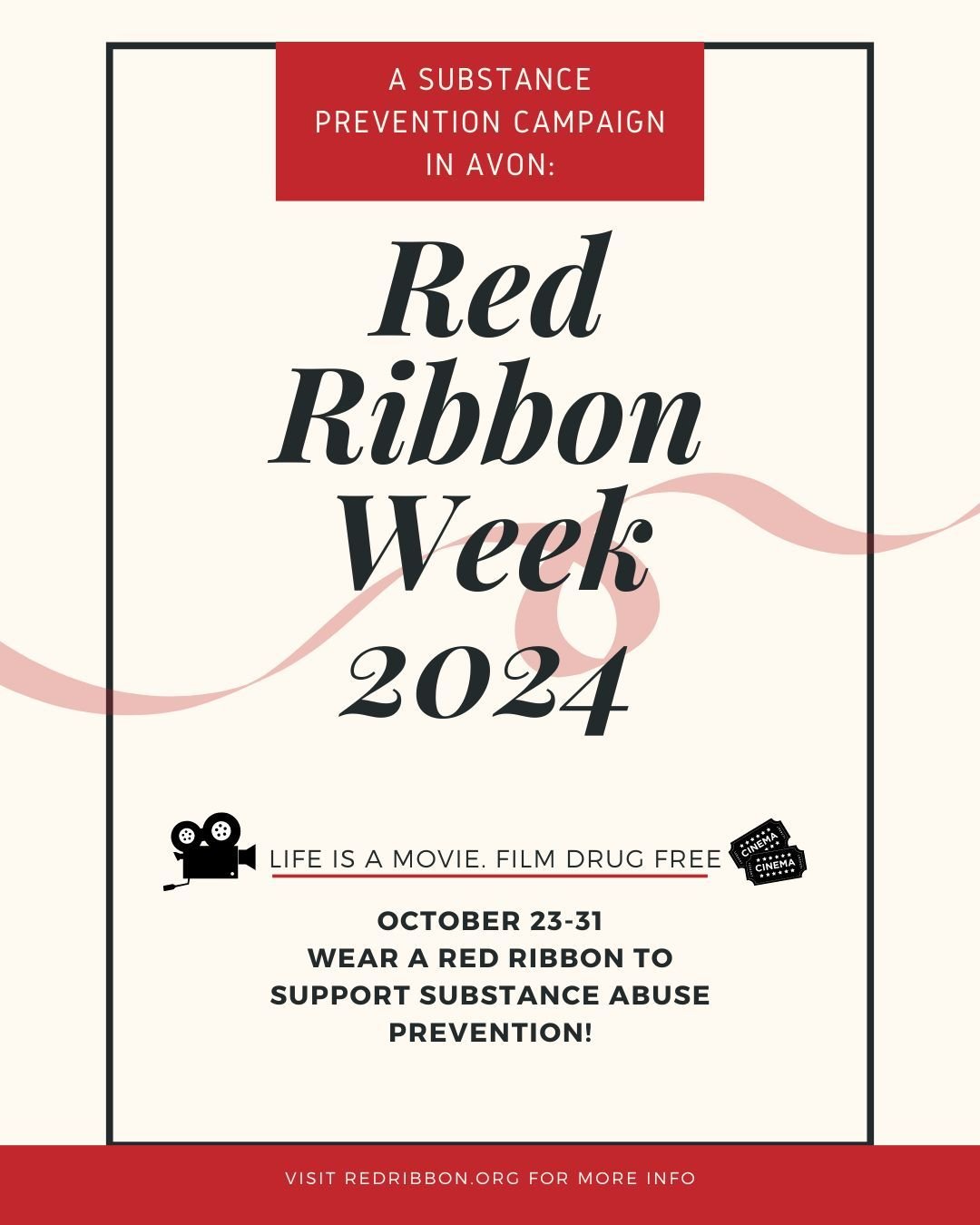 Red Ribbon Week 2024 theme is Life is Movie. Film Drug Free! Starts on October 23rd. DM for more information or visit redribbon.org 

#acesavon #substanceabuseprevention #filmdrugfree