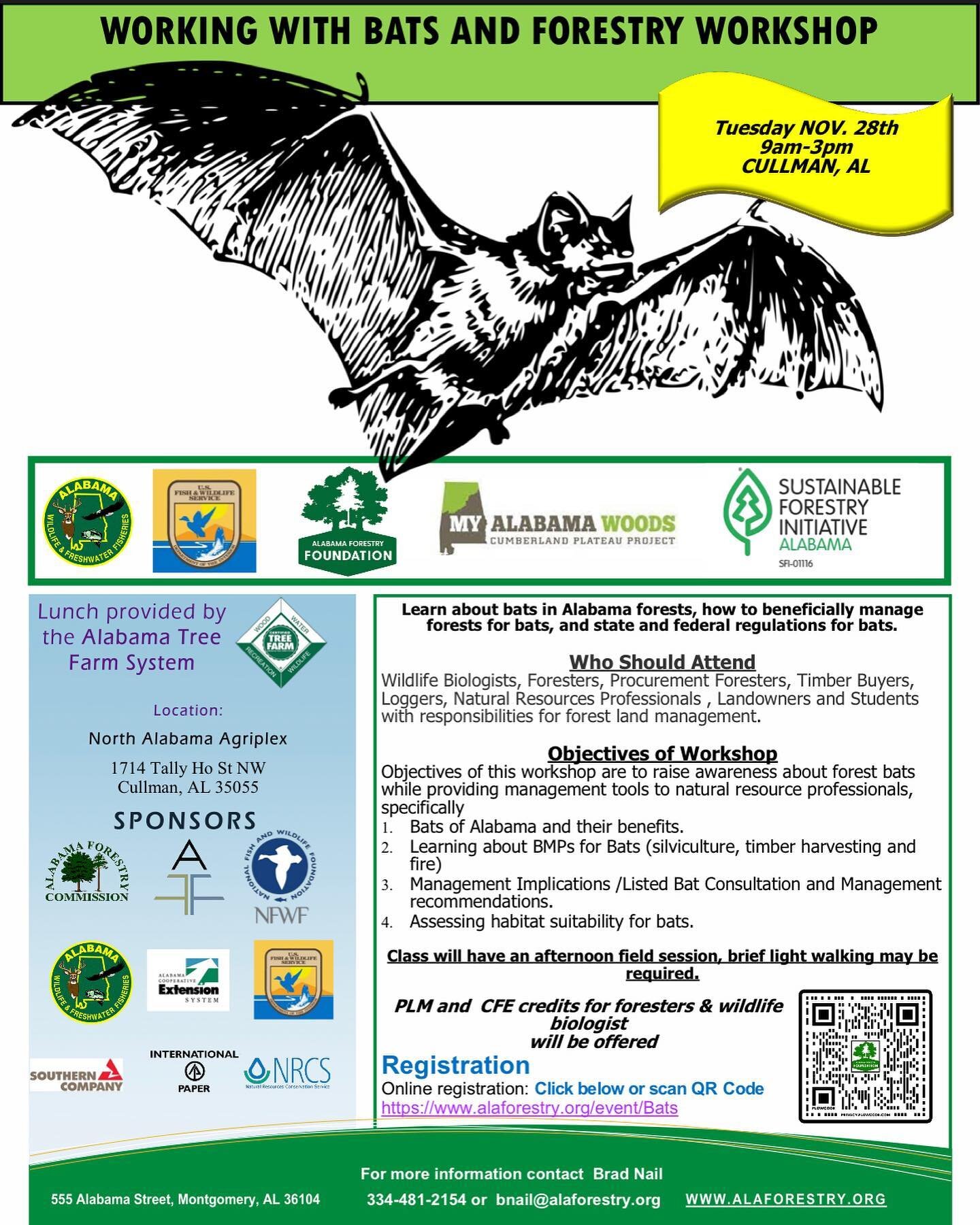 Working with Bats &amp; Forestry Workshop coming soon- November 28th, Cullman. Register today!