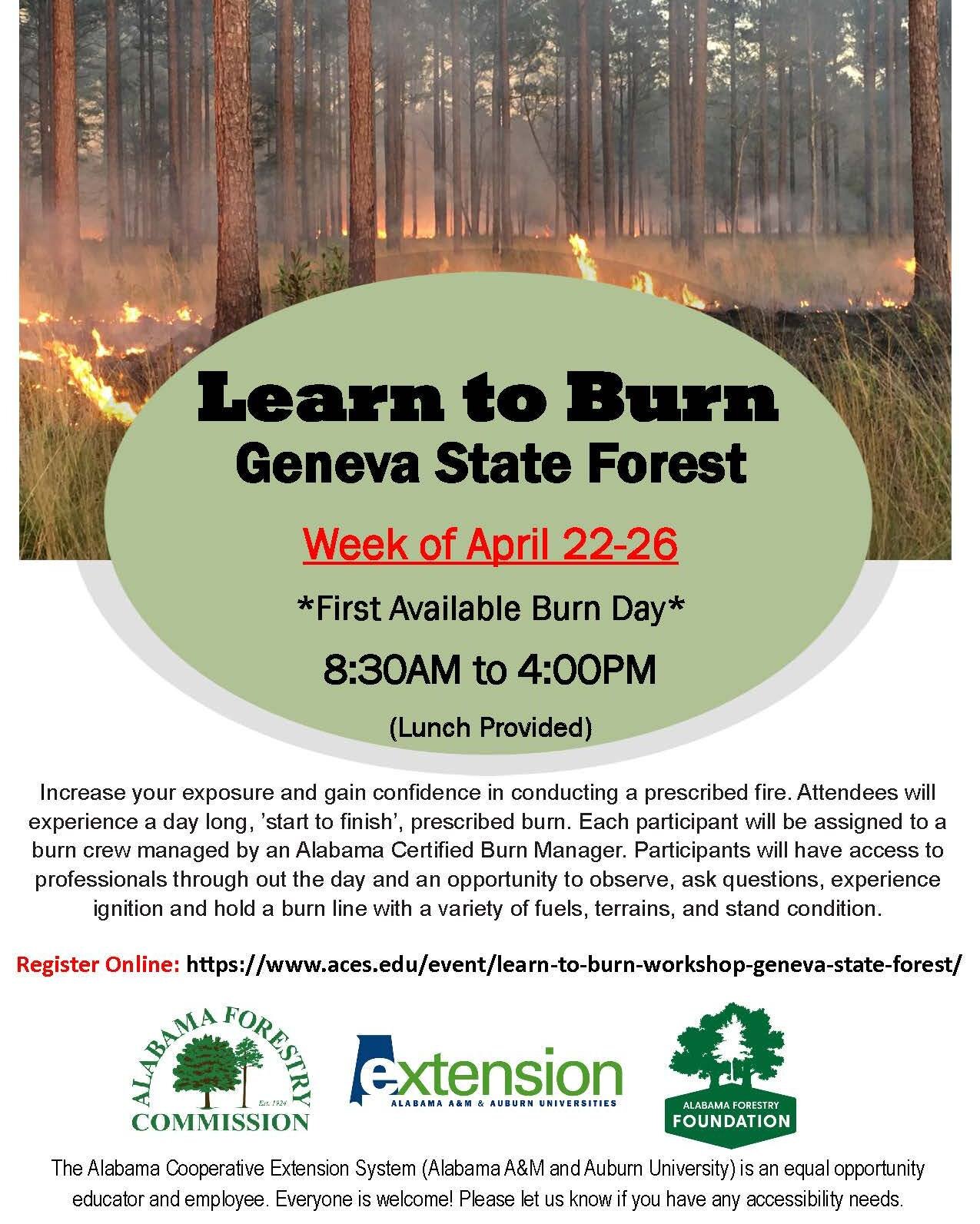 Learn to Burn on Geneva State Forest provides an opportunity for landowners to gain exposure and experience with prescribed fire. Register today! 
https://www.aces.edu/event/learn-to-burn-workshop-geneva-state-forest/